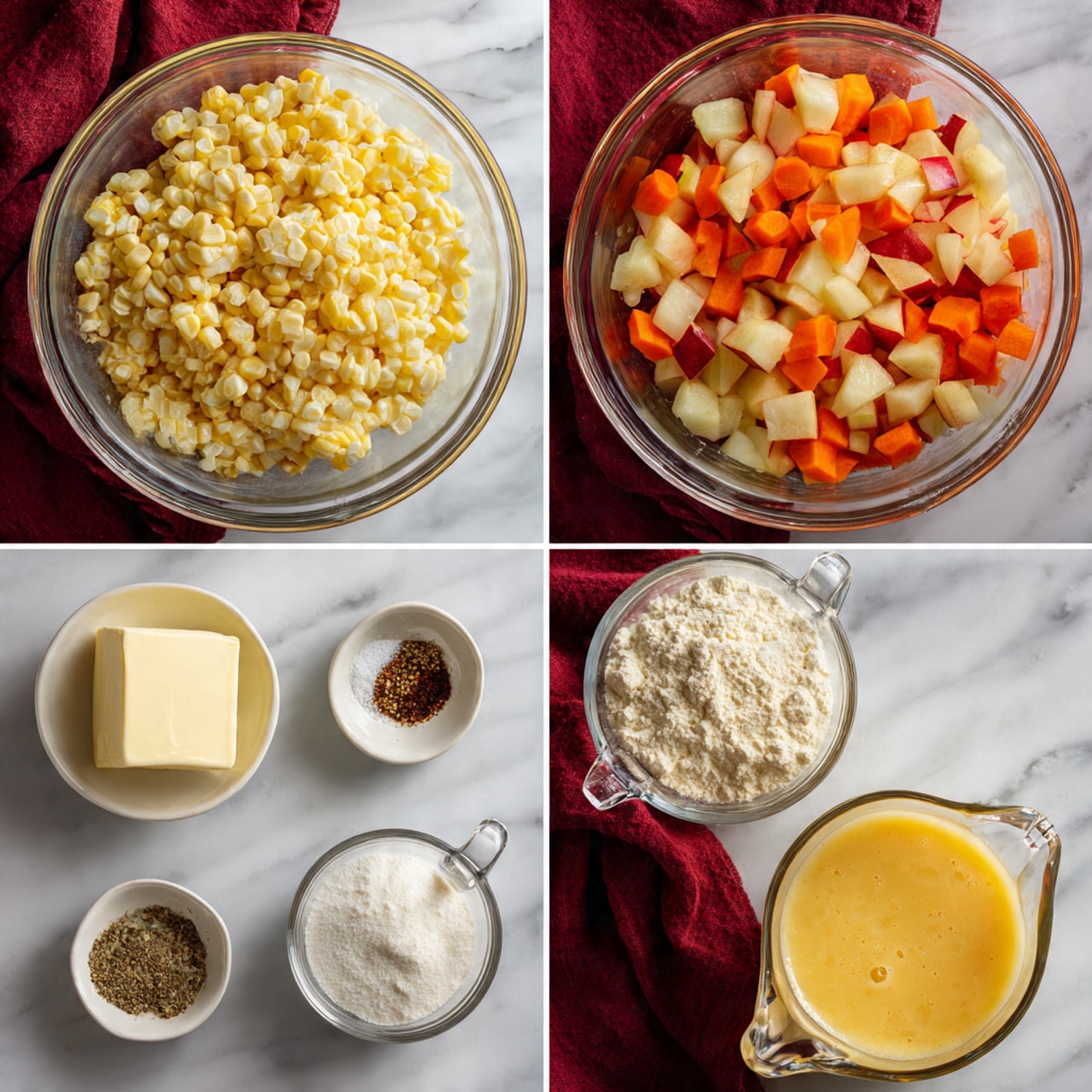 Four images show cooking ingredients on a white marbled surface with a dark red cloth in the background. The top left image has three clear glass bowls: one filled with light yellow grilled corn, another with chopped red-skinned apples in pale yellow, and a third with diced orange carrots, white onions, and light green celery. The top right image shows two small clear bowls, one with pale tan flour and the other with a block of soft yellow butter. The bottom left image has a white bowl containing three spices: salt (white), black pepper (black), and brown seasoning. The bottom right image displays two glass measuring cups, one with creamy white liquid and the other with orange-yellow broth. Photo taken with an iphone --ar 4:5 --v 7