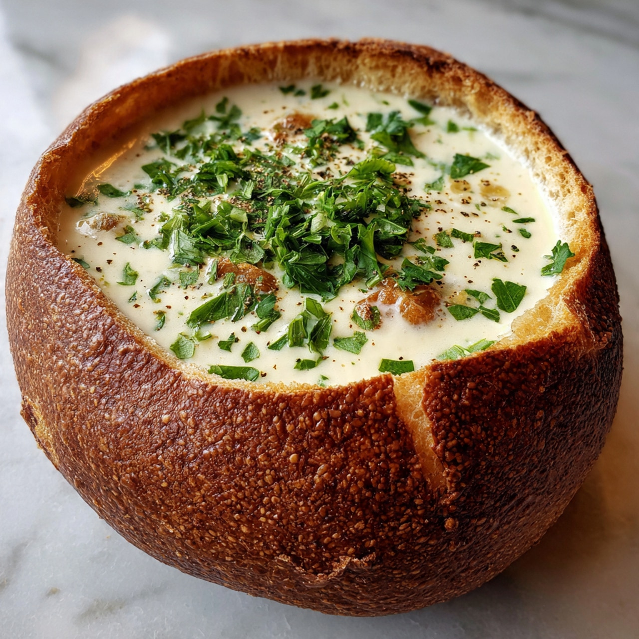 Clam Chowder in Sourdough Bread Bowl: Cozy Seafood Delight