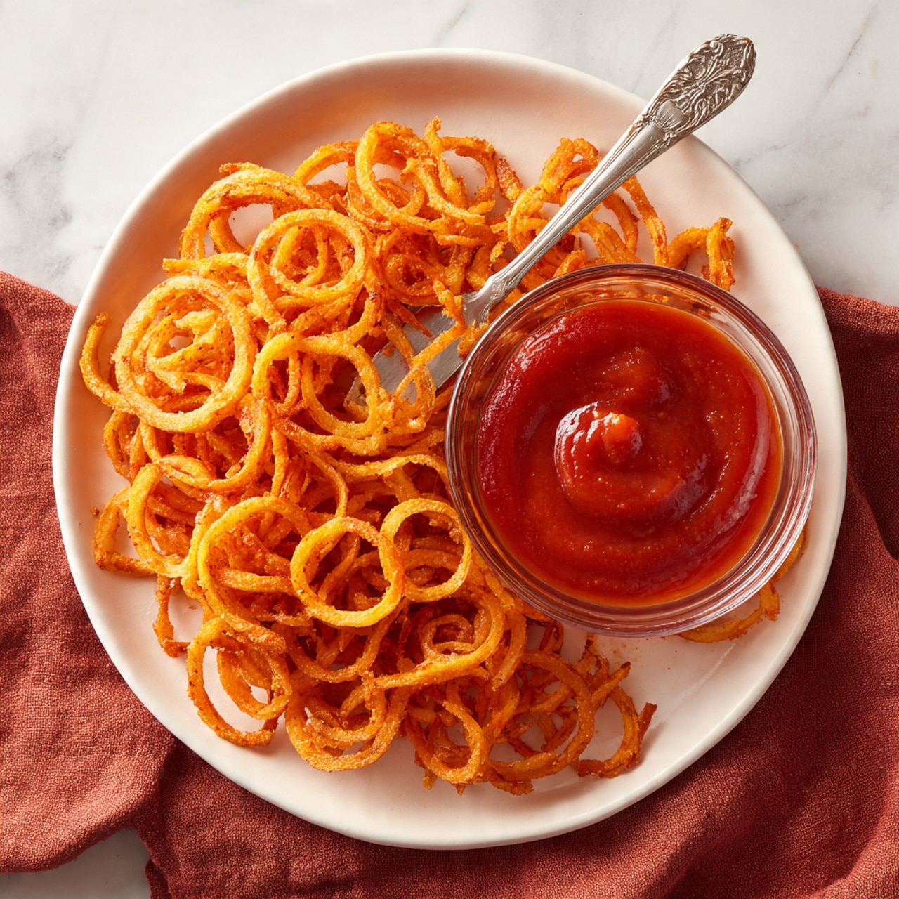 On a white plate, there is a pile of curly, orange-colored fried fries with a crispy texture, tightly curled in spiral shapes. In the center of the plate, a small clear glass bowl holds a smooth, shiny red sauce with a silver, ornate butter knife resting inside it. The plate is placed on a soft, wrinkled rust-red cloth, all set against a white marbled surface. photo taken with an iphone --ar 4:5 --v 7