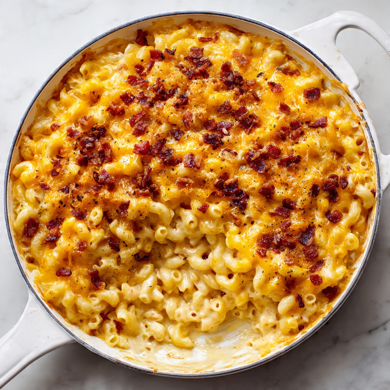 A white skillet filled with creamy macaroni and cheese, showing soft elbow-shaped pasta noodles covered in melted yellow cheese and topped with small pieces of browned bacon, with one scoop missing from the side revealing the creamy inside. The cheese layer on top has a slightly browned, crispy texture in some spots, while the bacon bits add a scattered texture and reddish-brown color contrast. The skillet sits on a white marbled surface. photo taken with an iphone --ar 4:5 --v 7