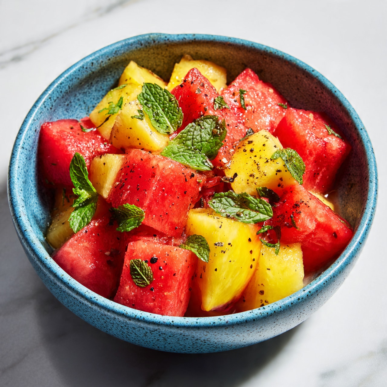 A blue speckled bowl filled with a colorful fruit salad sits on a white marbled surface. The salad has two main layers: large red watermelon chunks with a smooth, watery texture, and bright yellow peach slices with a soft, slightly fuzzy skin. Scattered on top are small bright green mint leaves, adding a fresh look, and tiny bits of black pepper sprinkled over the fruits. The mixture looks juicy and fresh, with the colors contrasting nicely against the blue bowl. photo taken with an iphone --ar 4:5 --v 7