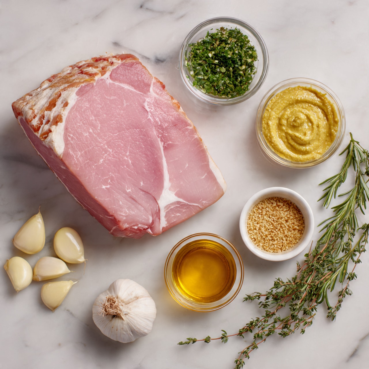The image shows a large piece of raw pink ham with white fat on the left side on a white marbled surface. Around the ham, there are six cloves of light beige garlic, a small glass bowl with chopped green herbs, a small glass bowl with smooth yellow mustard, a small glass bowl with coarse grainy mustard, a small white bowl with golden liquid honey, and fresh green sprigs of rosemary and thyme scattered beside them. Photo taken with an iphone --ar 4:5 --v 7