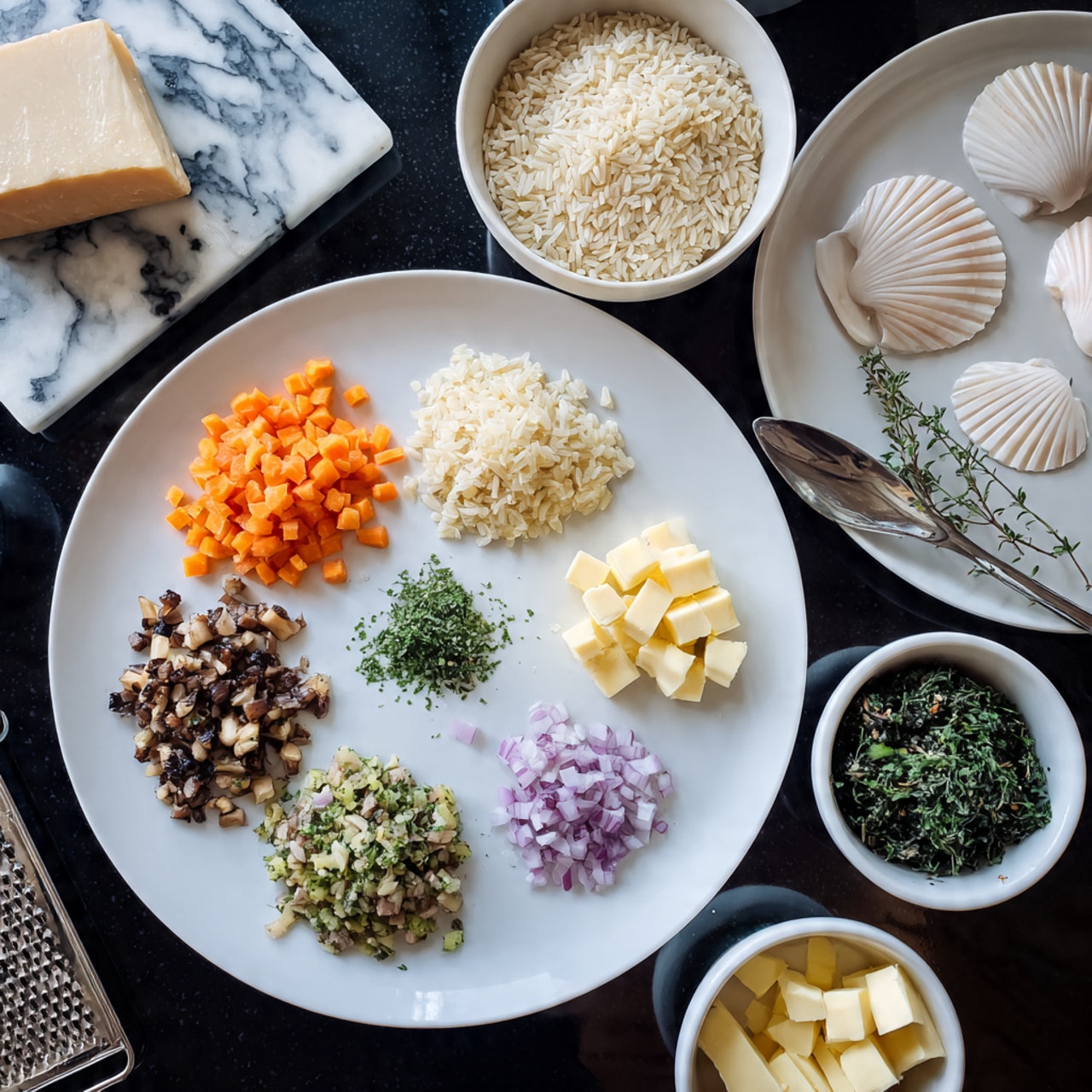A white round plate is shown with six small piles of ingredients arranged in a circle: diced orange carrots, chopped brown mushrooms, finely chopped green herbs, minced light purple shallots, a small heap of minced garlic, and tiny green thyme leaves. Nearby, a white bowl holds a pile of light beige rice grains, another white bowl contains small yellow cubes of butter, and a third white bowl holds a darker green chopped leafy mixture. To the side, there is a white plate with three scallop shells, each containing a single white scallop. The scene is set on a black surface with a white marbled texture visible nearby, and a small white plate holds a block of pale cheese with a metal grater resting on its edge. photo taken with an iphone --ar 4:5 --v 7