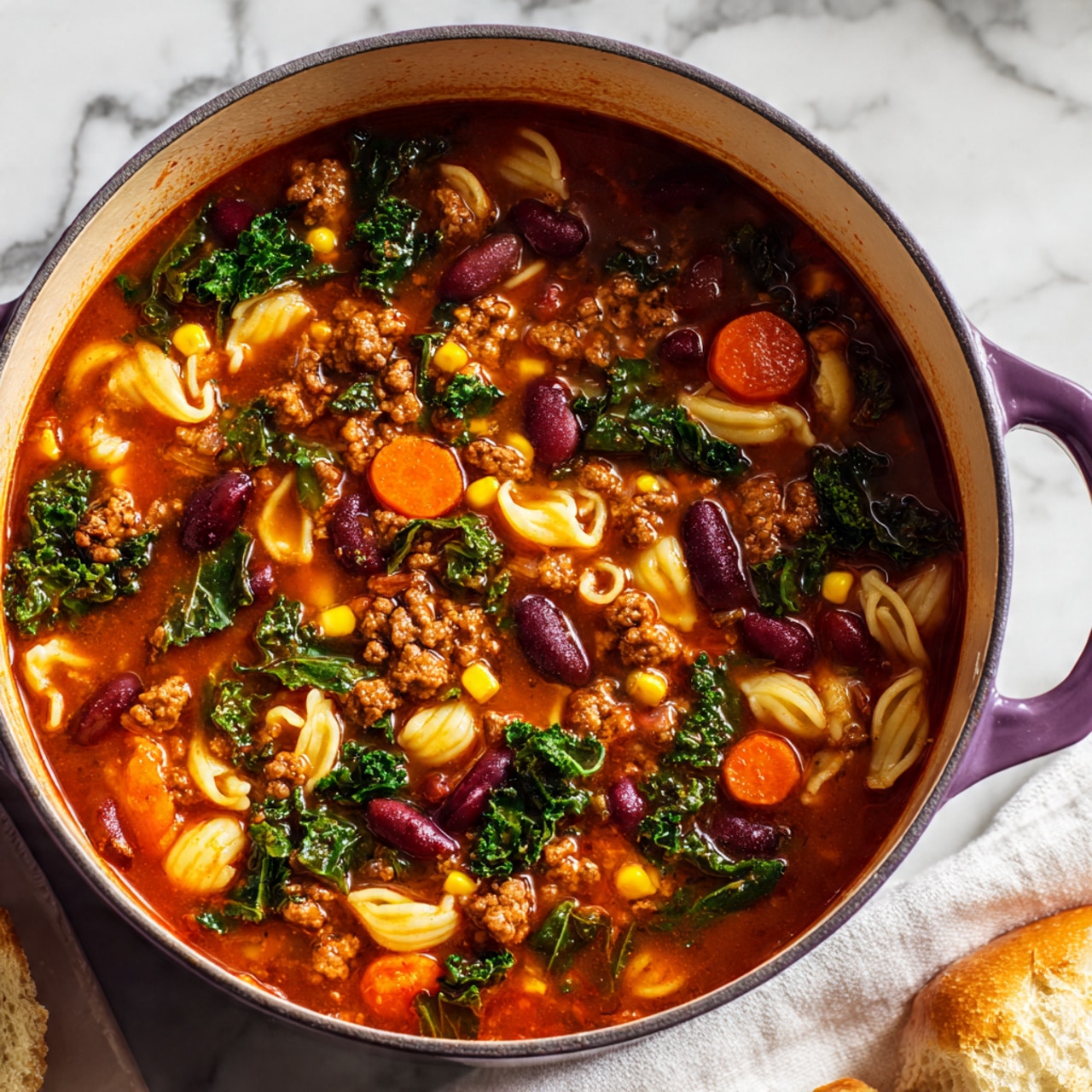 A close-up of a purple pot filled with a thick soup that has several layers of ingredients. On the top layer, there are pieces of ground meat with a brownish color, dark green leafy vegetables, kidney beans with a deep reddish-purple color, bright orange carrot chunks, small yellow corn kernels, and some light-colored pasta shapes floating in a rich, reddish-brown broth. The pot sits on a white marbled surface, with a white cloth and a piece of white bread partially visible nearby. photo taken with an iphone --ar 4:5 --v 7