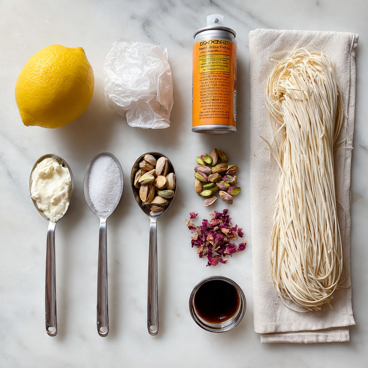 The image shows ingredients arranged neatly on a white marbled surface. At the top left, there is a whole yellow lemon, next to a small white wrapped item. Below the lemon, there is an orange can of cooking spray. Moving right, there are six metal measuring spoons lined up in a row. From left to right, the first spoon holds a white cream cheese-like substance, the second spoon is filled with granulated white sugar, the third spoon contains whole pistachio nuts, the fourth spoon has dried rose petals, and the fifth and smallest spoon holds a dark liquid, likely syrup. Above the spoons at the right side, there is a pile of thin beige noodles on a white cloth. The composition is clean and bright with all items carefully placed in a single layer, emphasizing the textures and colors of the ingredients, photo taken with an iphone --ar 4:5 --v 7