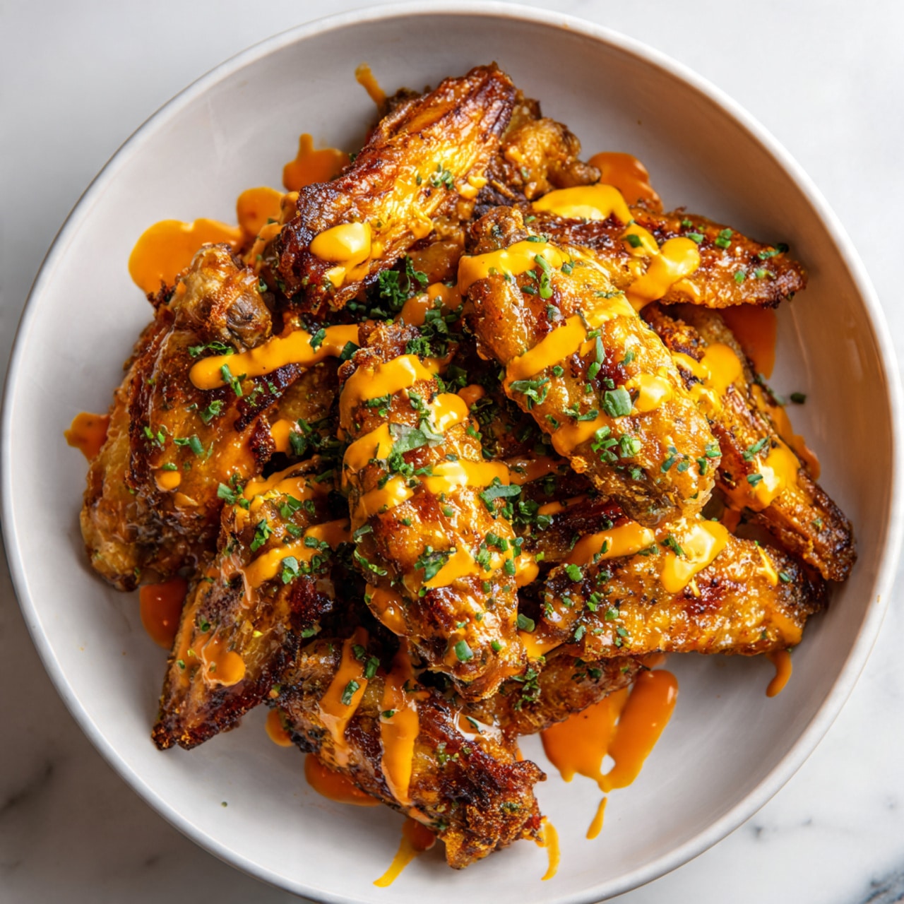 A white bowl filled with crispy, golden-brown chicken wings arranged in layers, each wing coated with a shiny orange spicy sauce. On top, bright orange sauce is drizzled over the wings in a zigzag pattern, adding a glossy texture. There are small green herb bits sprinkled evenly on all the wings. The bowl is set on a white marbled texture surface. photo taken with an iphone --ar 4:5 --v 7