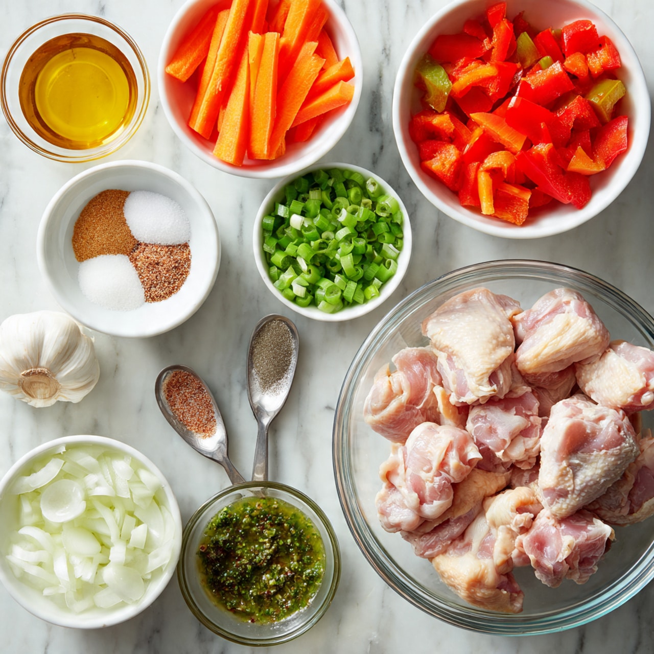 A clear glass bowl filled with raw chicken pieces sits in the bottom right, showing light pink and pale yellow tones with some seasoning. Around it, smaller white bowls and dishes contain various chopped vegetables and ingredients: at the top left, a bowl is filled with orange carrot sticks and some sliced tomato pieces; to its right, a white bowl holds chopped green chili and red bell pepper pieces; next to it, another white bowl contains chopped green onions. Below them are bowls with chopped white onions, brown sugar, and a small amount of oil, and two measuring spoons hold salt and black pepper. Three peeled garlic cloves rest near the middle, along with a bowl of green herb sauce. The background is a white marbled surface, creating a neat and bright kitchen preparation scene. photo taken with an iphone --ar 4:5 --v 7
