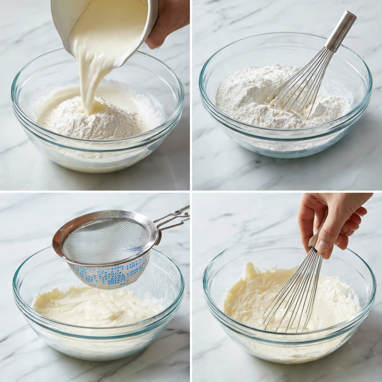 The images show the making of a smooth white batter in a clear glass bowl on a white marbled surface. The first image shows a creamy white liquid being poured over a mound of white powder in the bowl. The second image shows the batter being mixed with a silver whisk until smooth and thick. The third image captures the batter being poured through a metal mesh strainer held over a clear glass measuring cup with blue markings. The fourth image shows the batter now smooth and settled in the bowl, covered with plastic wrap, and a woman's hand gently poking it with a toothpick. Photo taken with an iphone --ar 4:5 --v 7