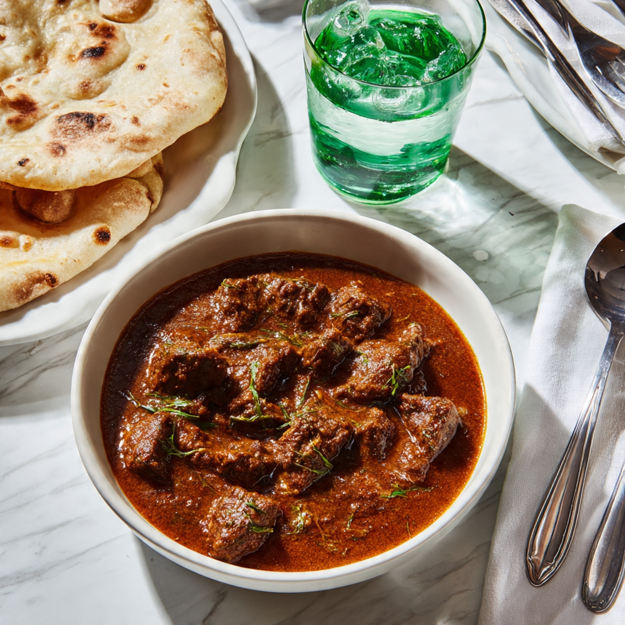 The image shows a white shallow bowl filled with a rich brown curry with visible pieces of cooked meat and some green herbs sprinkled on top. The curry looks thick and hearty with chunks of meat covered in the sauce, and the green herbs add a fresh contrast to the warm colors. To the side, there is a piece of flatbread with some air pockets visible, resting on a white marbled surface, along with a glass of water with a green tint and a stack of folded white napkins with silver cutlery resting on top. A woman's hand is reaching towards the bowl from the top left corner. The overall lighting is natural and bright, casting soft shadows. Photo taken with an iphone --ar 4:5 --v 7