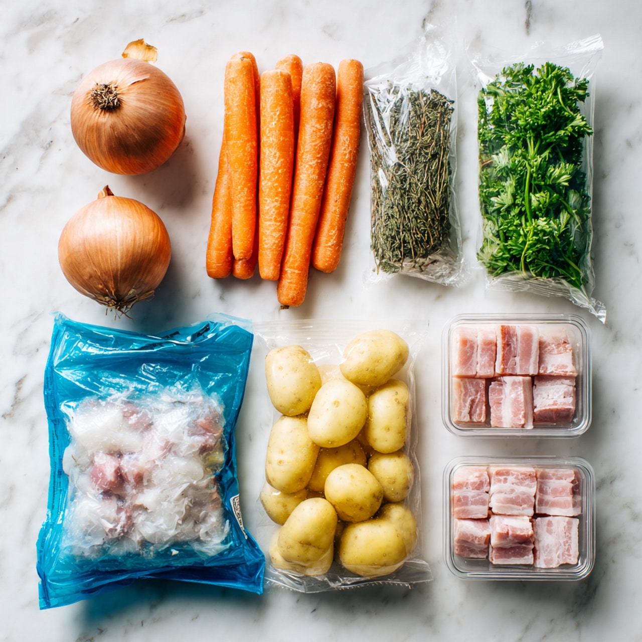 The image shows a collection of cooking ingredients arranged neatly on a white marbled surface. At the top left, there is a whole brown onion with smooth skin. Below it, a clear plastic pack of bright orange British carrots is visible. To the right of the onion and carrots, there are two green and brown packets of fresh flat leaf parsley and thyme leaves. Next to those, two clear plastic bags with small light yellow miniature potatoes are stacked side by side. Below the vegetables, a large blue package labeled fish pie mix filled with frozen fish pieces shows a mix of white, pink, and off-white textures inside. To the right of the fish mix, two clear plastic containers hold small cubes of pink smoked pancetta. Finally, on the far right, a yellow box of chicken stock cubes stands upright. The whole arrangement is orderly and bright, with clear packaging details standing out photo taken with an iphone --ar 4:5 --v 7