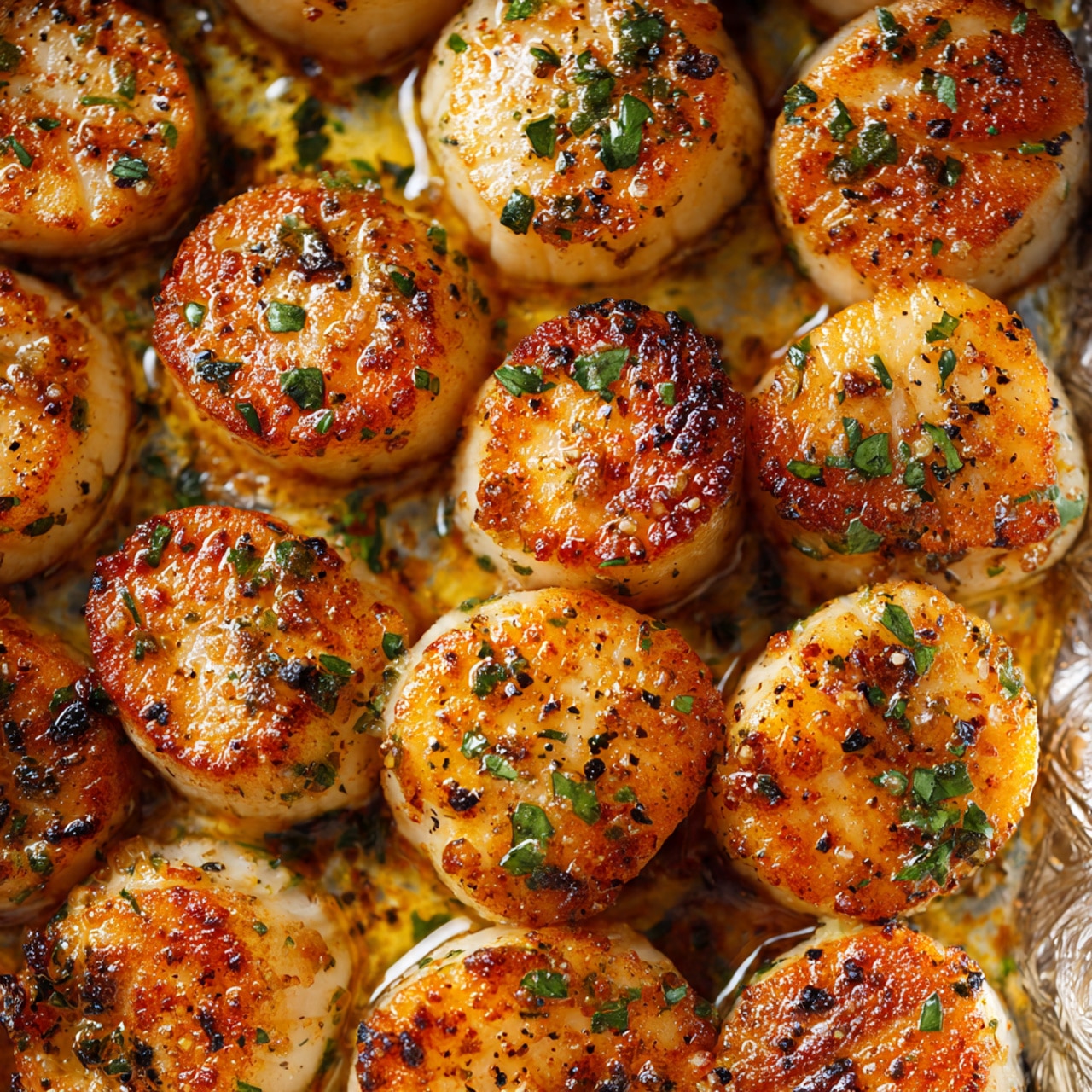 The image shows a close-up of a foil tray filled with round, golden brown seared scallops arranged in neat rows. Each scallop has a crispy, caramelized top with specks of green herbs and black pepper scattered on the surface. The sides of the scallops are creamy white, and the tray underneath has melted butter or oil with bits of herbs and seasoning. The overall color contrasts between the golden tops, white sides, and green flecks create a rich and appetizing look. Photo taken with an iphone --ar 4:5 --v 7