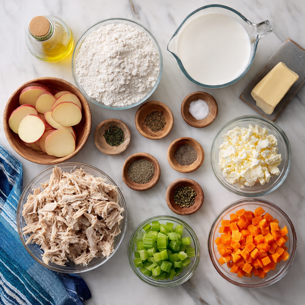 The image shows several clear glass bowls with different ingredients on a white marbled surface. At the bottom center is a large bowl with shredded light brown chicken. To the left is a bowl with thin round slices of reddish-skinned potatoes. Above that is a bottle with light yellow liquid. To the right of the bottle is a small wooden bowl of white salt, with four small wooden bowls containing various green and black dried spices arranged in a rough square shape around it. To the right of the salt and spices are three glass bowls stacked vertically, holding bright green diced celery, green diced bell peppers, and diced orange carrots on the top. Above this group are two glass bowls set horizontally: one with white flour and one with white cottage cheese. Above those is a small glass pitcher filled with white liquid and a blue and white striped cloth on the top edge. A stick of butter lies near the green diced peppers on the right side. photo taken with an iphone --ar 4:5 --v 7