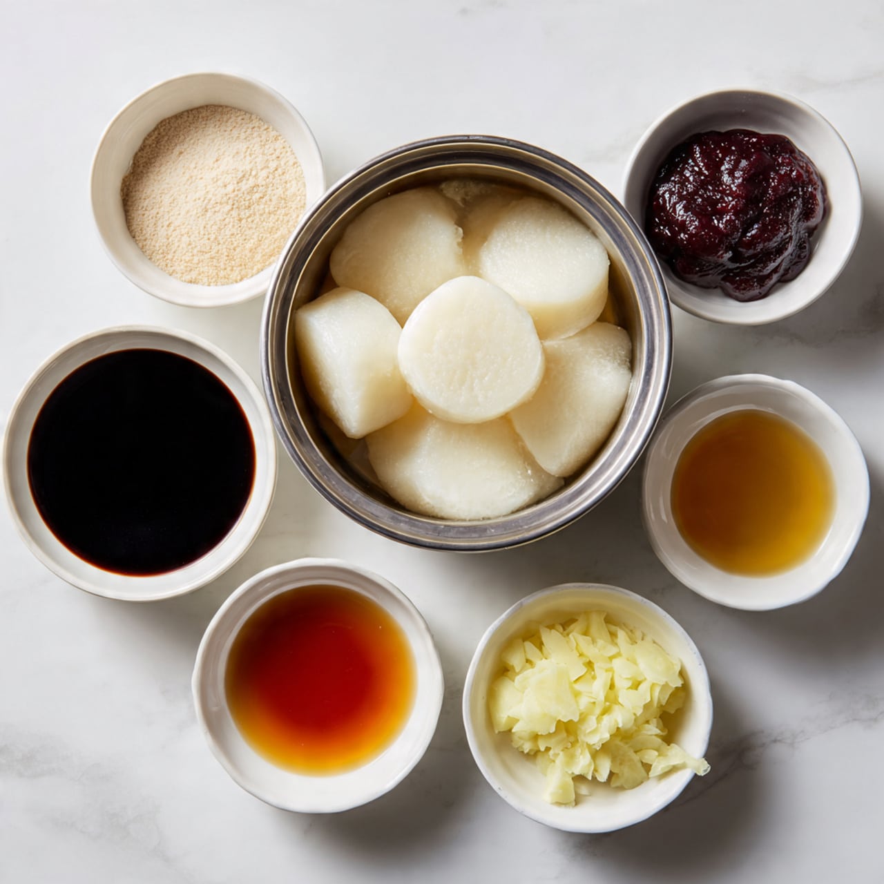 A metal bowl in the center filled with white cylindrical rice cakes soaking in water is surrounded by six small white bowls arranged in a loose circle on a white marbled surface. The top left bowl contains light brown powder, the top right bowl is filled with thick dark red paste, and the bottom left bowl holds dark soy sauce. To the right, two small bowls contain light amber liquids, while a small bowl near the bottom center holds finely chopped pale yellow ginger. The overall scene is clean and orderly, with a bright, soft light highlighting the colors and textures. photo taken with an iphone --ar 4:5 --v 7