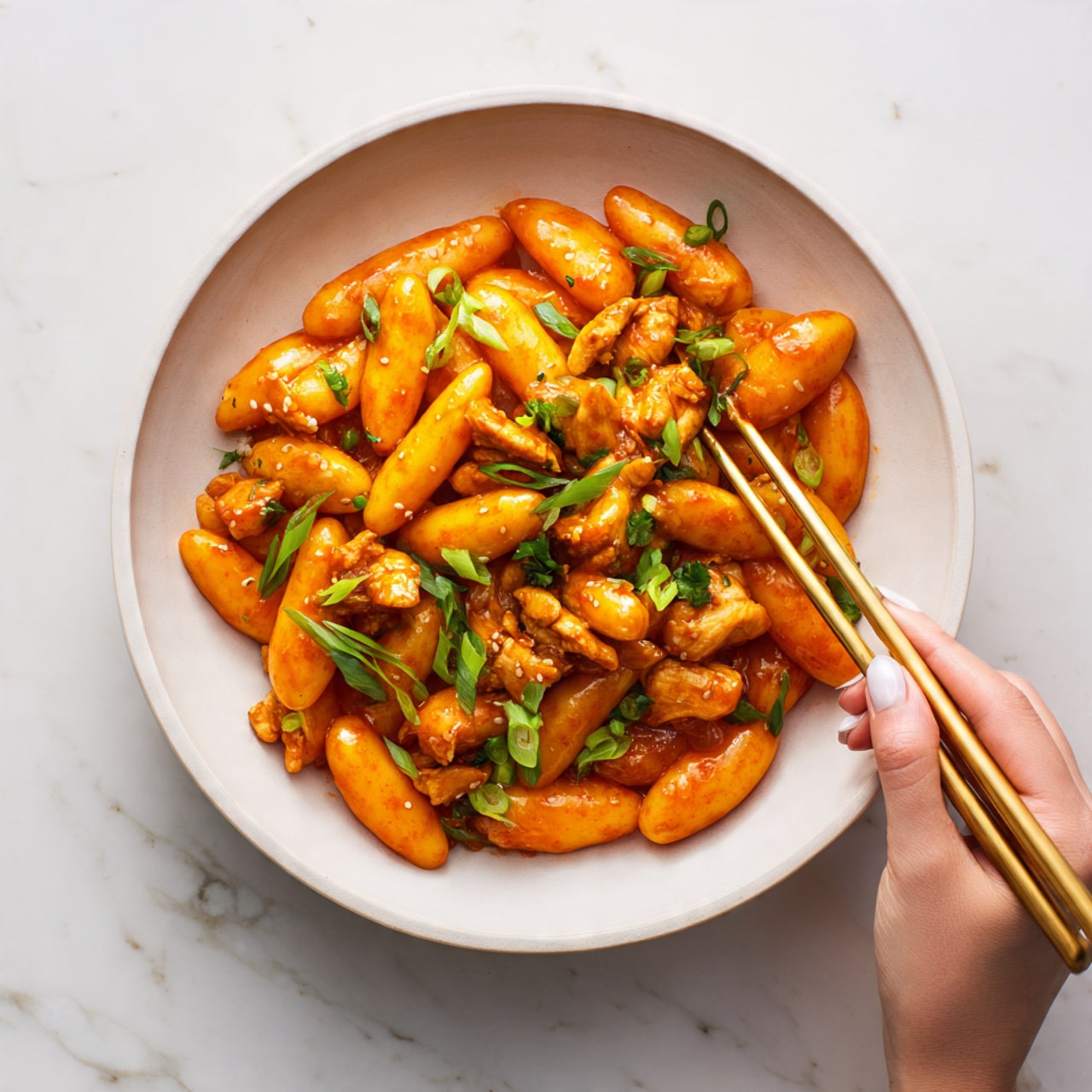 A white bowl filled with two layers of food: the bottom layer is smooth, shiny, orange sauce lightly coating the surface. On top, long, smooth, orange rice cakes are arranged closely, mixed with small pieces of golden cooked chicken and sprinkled with green onion slices. The green onion adds fresh color contrast to the warm tones of sauce and rice cakes. Two golden chopsticks rest on the right side of the bowl, with a woman's hand delicately holding one chopstick. The bowl is set on a white marbled surface. photo taken with an iphone --ar 4:5 --v 7