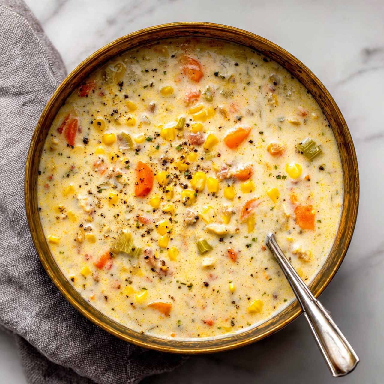 This image shows a close-up of a pot filled with creamy soup. The soup has layers of yellow corn kernels, bright orange carrot slices, green celery pieces, and small bits of brown meat in a thick white broth. Dark specks of herbs and pepper are scattered throughout. The pot has a worn brass color on the inside and is sitting on a soft gray cloth on a white marbled surface. A metal spoon is partially in the soup, visible on the right side. Photo taken with an iphone --ar 4:5 --v 7