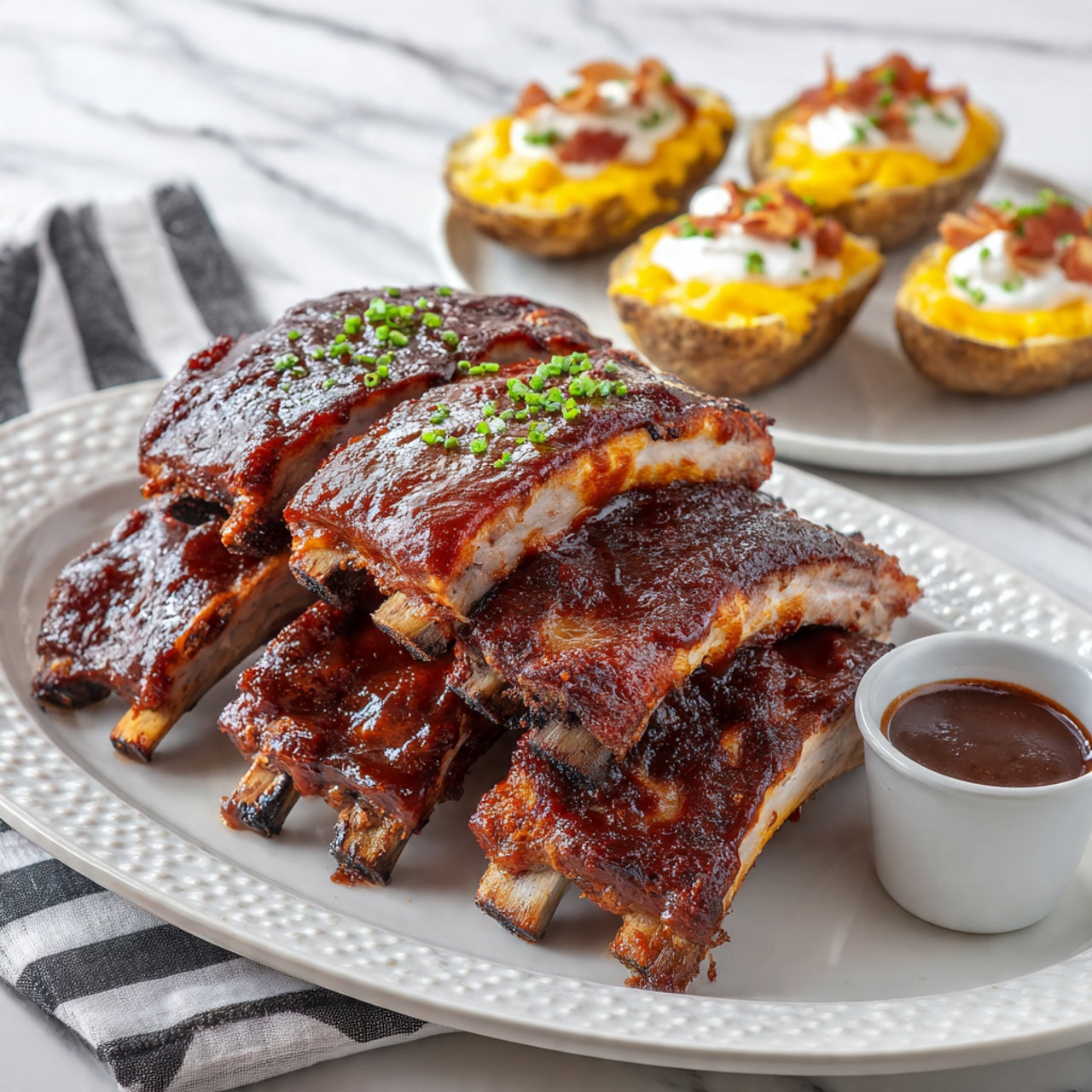 Three large ribs covered in thick, dark reddish-brown barbecue sauce lay stacked slightly on a white oval plate with a dotted edge. The ribs have charred edges and visible bones showing between the meat. On the side of the plate is a small white round cup filled with shiny, smooth barbecue sauce. In the background, a white plate holds three halves of potato skins topped with melted yellow cheddar cheese, small pieces of crispy browned bacon, white sour cream dollops, and green chives. A black and white striped cloth rests nearby on a white marbled surface. Photo taken with an iphone --ar 4:5 --v 7