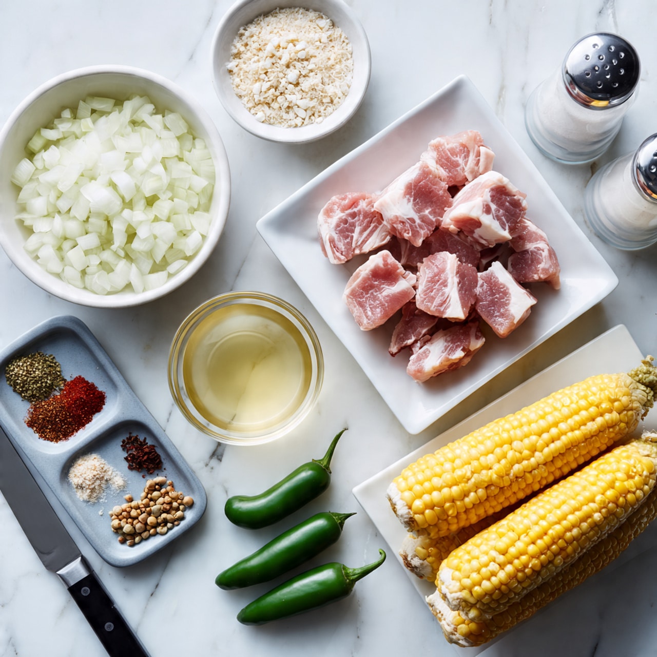 The image shows a white marble surface with several ingredients neatly arranged. On the left side, there is a white bowl filled with finely chopped onions, next to a large knife. Above that, a white bowl holds small white grains. To the right, there are two green jalapeño peppers placed next to a stack of uncooked corn on the cob with visible yellow kernels. Above this, a white square plate contains raw, sliced pieces of pink meat with white fat edges. In the middle, there is a small glass dish containing a light yellowish liquid, likely broth or stock. Toward the top left, a gray tray holds small piles of red and dark brown spices and a cluster of light brown seeds. In the upper right corner, there are salt and pepper shakers and a small bowl with a white creamy sauce. Overall, the setup is clean with all items carefully placed on the white marbled surface. Photo taken with an iphone --ar 4:5 --v 7