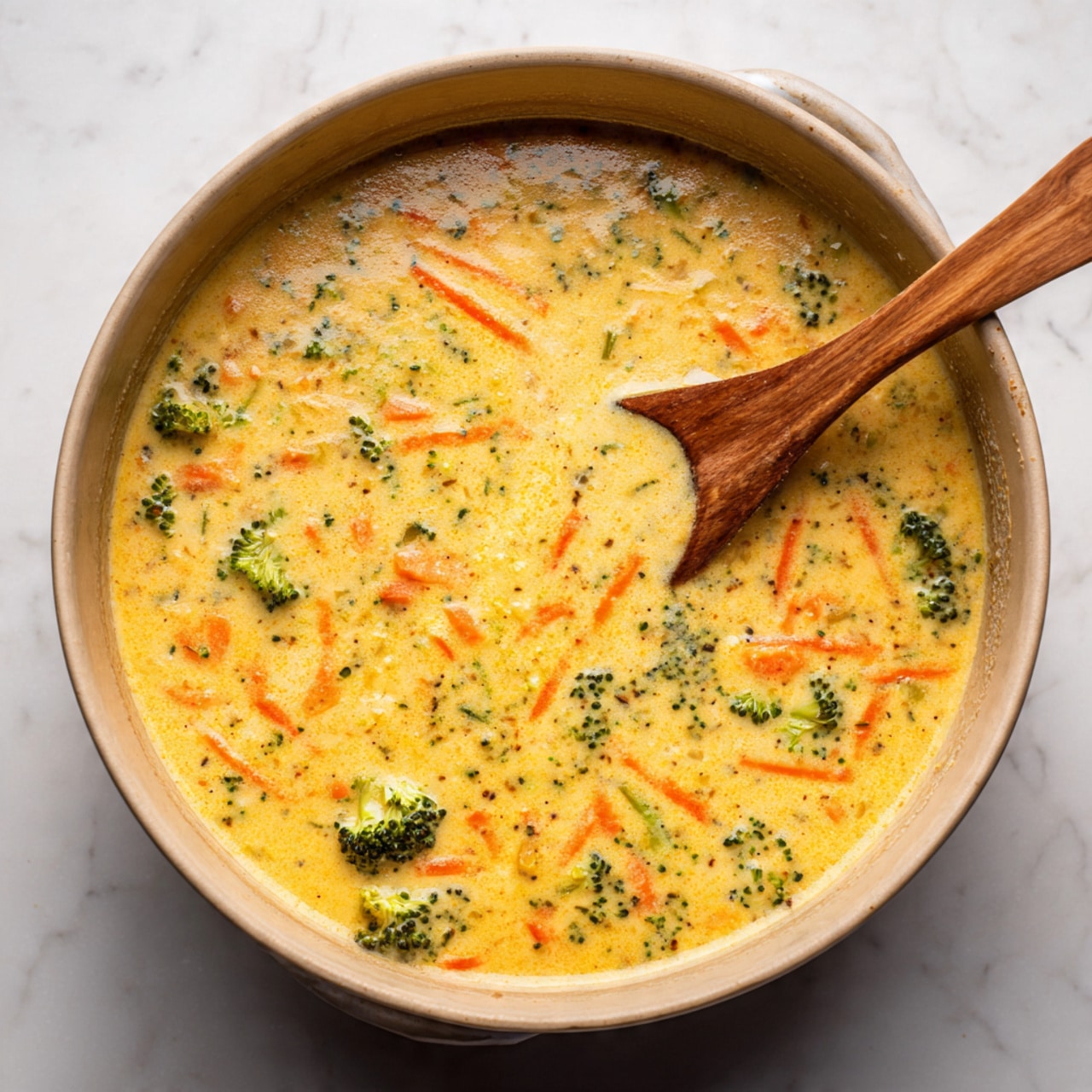 The image shows a thick creamy soup with a light orange-yellow base, filled with small green broccoli florets and thin bright orange carrot strips, along with small bits of white onion. A light-colored wooden spoon is partially submerged on the right side, stirring the soup. The soup has a smooth and slightly chunky texture, with the vegetables spread evenly throughout. The background is a white marbled texture. Photo taken with an iphone --ar 4:5 --v 7