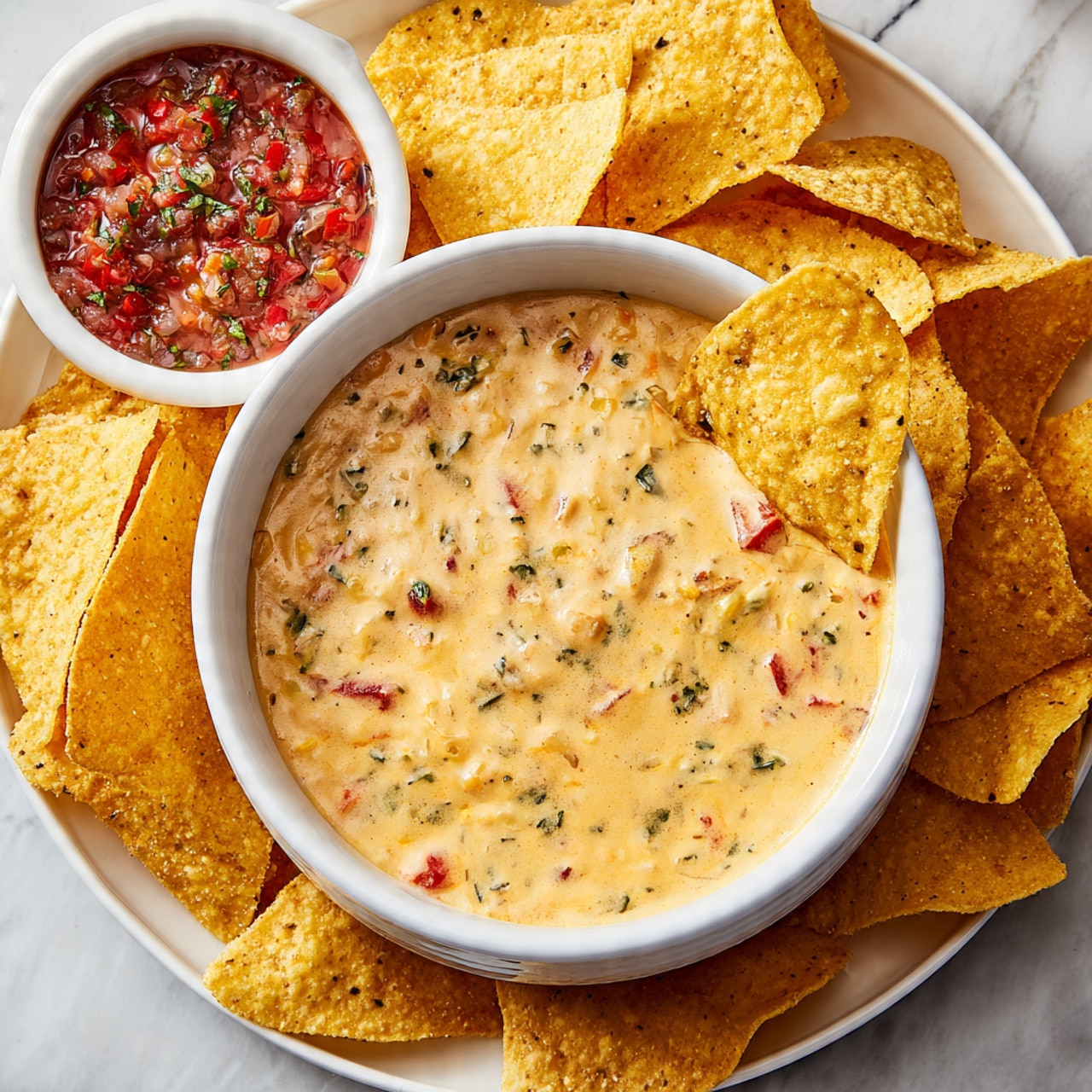 The image shows a white bowl filled with creamy beige cheese dip with chunks of red peppers and herbs mixed in. Next to this bowl are many yellowish tortilla chips, with a crispy texture, piled high around it. Above this bowl is a small white bowl containing a red salsa with herbs and bits of tomatoes visible. All of this is placed on a white marbled surface. A woman's fingers are seen holding one tortilla chip at the top right corner of the image. Photo taken with an iphone --ar 4:5 --v 7