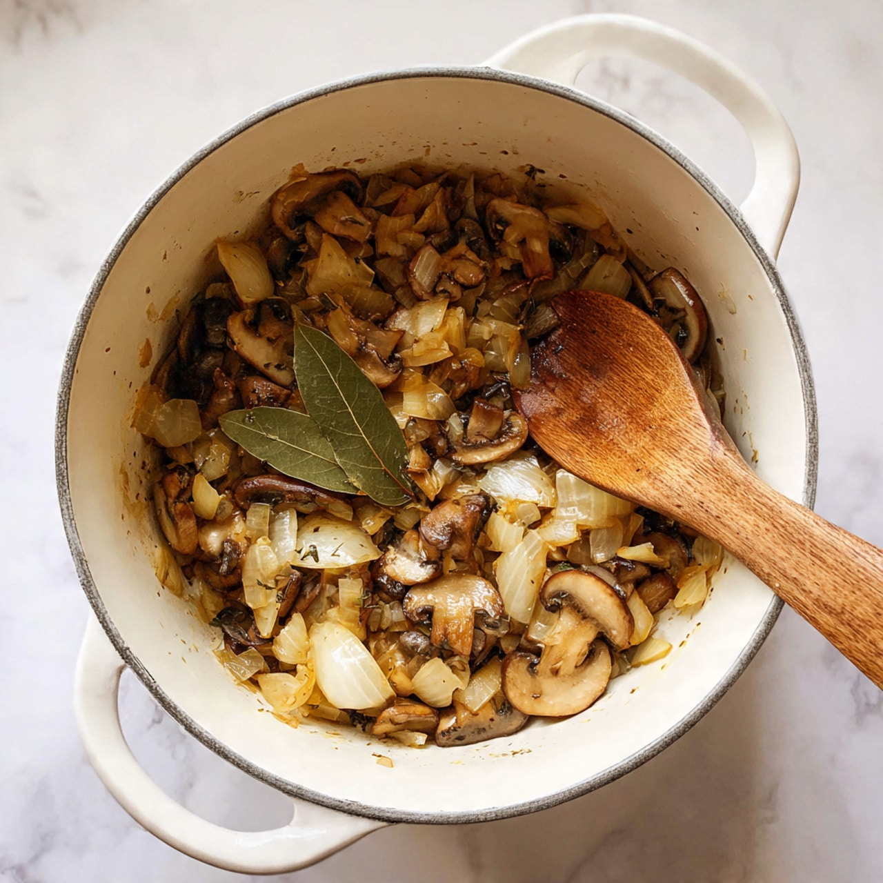 A white pot filled with cooked chopped onions and sliced brown mushrooms mixed together, showing soft textures with some browned edges. There is a large bay leaf resting on top of the mixture. A wooden spoon with a smooth round handle is partially inside the pot on the right side, with its curve visible. The pot sits on a white marbled surface. Photo taken with an iphone --ar 4:5 --v 7