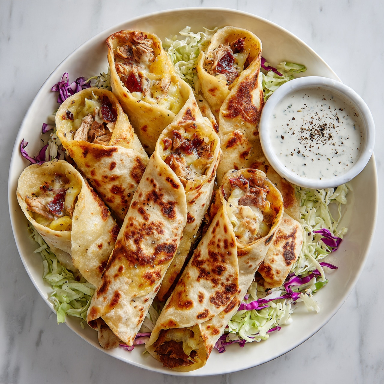 There are six rolled tortillas with a light golden-brown crispy outside and some darker toasted spots on a white dish. Inside the tortillas, you can see melted light-yellow cheese and pieces of cooked reddish-brown meat. The tortillas sit on a bed of shredded green and purple cabbage that adds a fresh look. On the right side of the dish, there is a small white bowl filled with white sauce sprinkled with black pepper. All of this is shown on a white marbled surface. Photo taken with an iphone --ar 4:5 --v 7