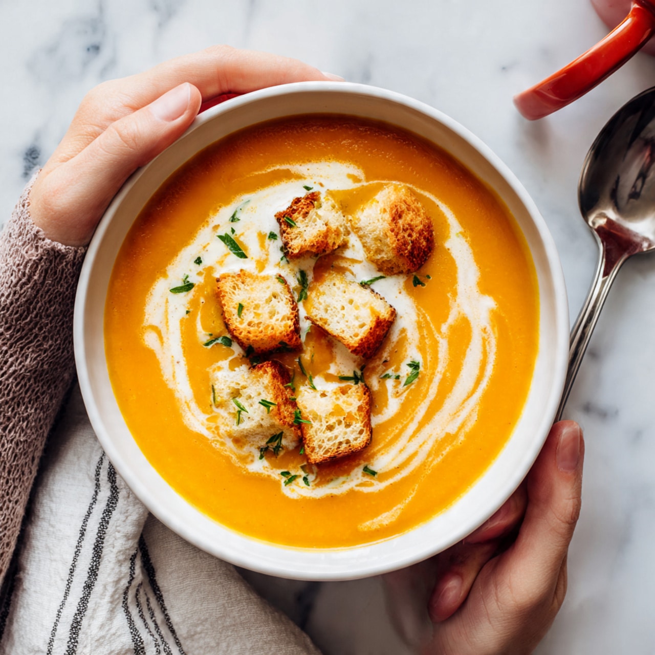 A deep white bowl on a white marbled surface holds a smooth orange soup filling most of the bowl. Swirls of white cream are gently drizzled in a loose spiral across the surface of the soup. Several golden brown croutons are scattered on top, some partially dipped in the soup, adding a crunchy look. Small green herb pieces are sprinkled lightly over the soup and cream, giving a fresh touch. A woman's hand holds the edge of the bowl. Next to the bowl, a silver spoon rests on the surface and a red cup is partly visible above the bowl on a light striped cloth. Photo taken with an iphone --ar 4:5 --v 7