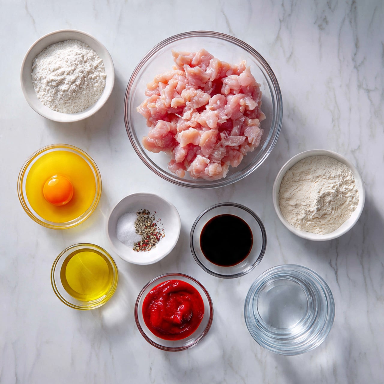 The image shows seven small clear glass bowls arranged on a white marbled surface. One large bowl at the top center is filled with small pink diced pieces of raw chicken. Below it are six smaller bowls arranged in a loose circle: one bowl holds bright orange beaten eggs, another has white flour, one contains dark soy sauce, another has red ketchup, one with light yellow cooking oil, and two small bowls have salt and pepper. There is also a small bowl of clear water in the lower right. The scene is bright and clean, showing all ingredients ready to be used. Photo taken with an iphone --ar 4:5 --v 7