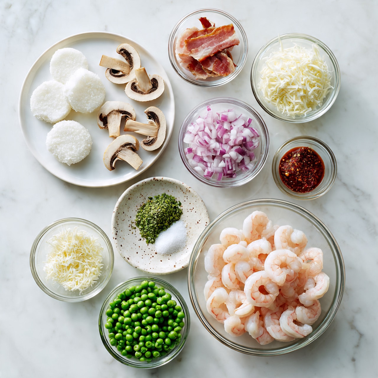 The image shows several clear glass bowls and one white plate arranged on a white marbled surface. The white plate on the left holds white rice cakes and slices of light brown mushrooms placed neatly side by side. Above the plate, there is a small clear glass bowl with pieces of uncooked bacon, and next to it, a small bowl filled with chopped light purple onions. Below these two bowls, there is a tiny bowl with red paste, a larger bowl with bright green peas, and another bowl with white milk or cream. Moving toward the bottom right, a clear glass bowl contains pink cooked shrimp arranged in a circle, and next to it, a smaller bowl holds finely chopped garlic. A small speckled plate near the center shows small piles of green herbs, white shredded cheese, pink salt, and black pepper. The clean arrangement and light colors give a fresh and simple look photo taken with an iphone --ar 4:5 --v 7