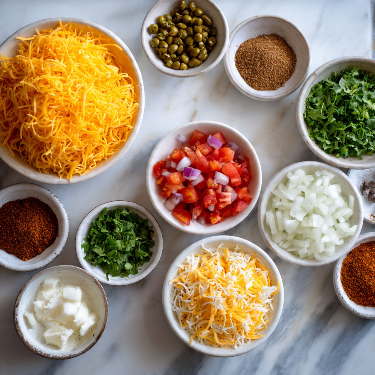 The image shows a white marbled surface with many small white bowls arranged neatly. The bowls hold different ingredients including a large amount of shredded orange cheese in one bowl, small diced red tomatoes, chopped green herbs, finely chopped white onions, and a few other spices and creamy ingredients. There is also a small bowl with green capers and another with a reddish-brown spice. The ingredients are placed evenly spaced in a grid-like pattern on the surface. Photo taken with an iphone --ar 4:5 --v 7