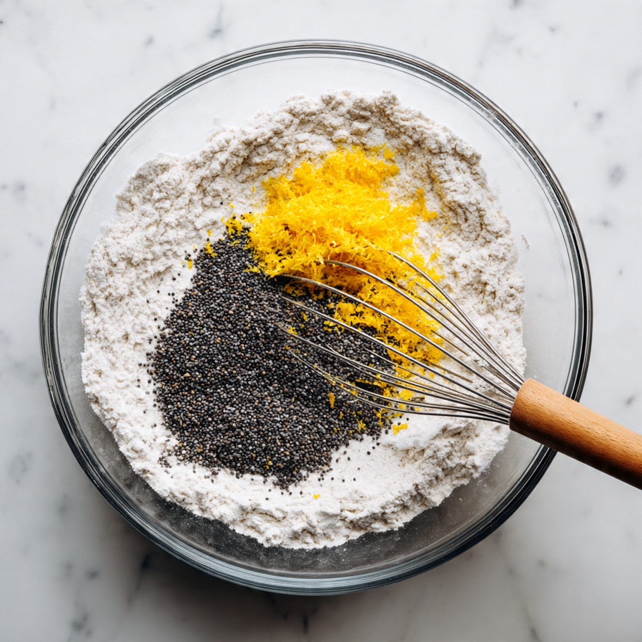 A clear glass mixing bowl rests on a white marbled surface, filled with a layer of white flour mixed with small black poppy seeds clustered mostly in the center. To the right side inside the bowl, there is a small pile of bright yellow lemon zest on top of the flour. A metal whisk with a wooden handle is placed across the bowl, partially submerged in the mixture. Photo taken with an iphone --ar 4:5 --v 7