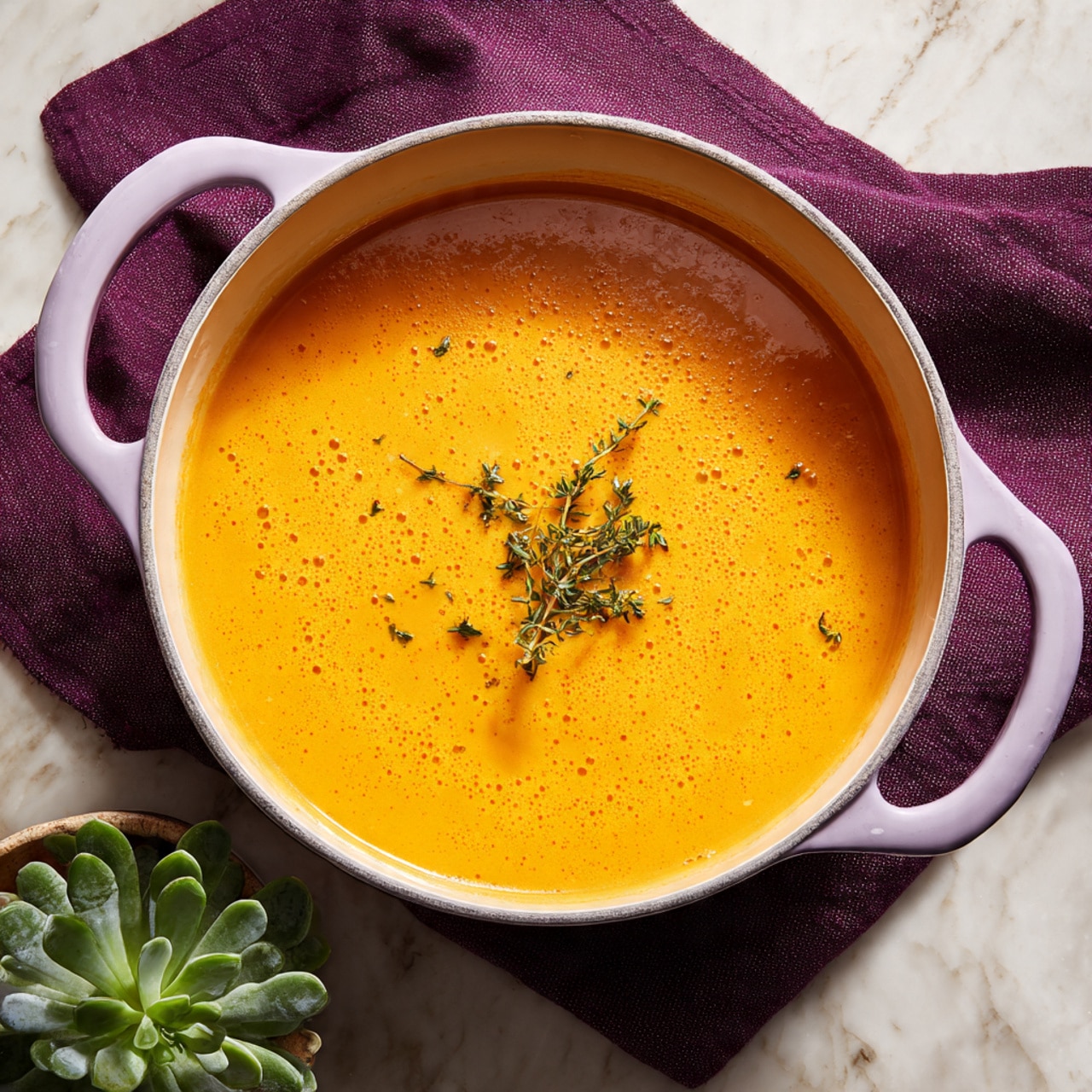A large white pot with light purple handles is filled with smooth, bright orange soup that has a creamy texture with small bubbles on the surface. On top of the soup lies a small sprig of fresh green thyme, placed slightly off-center, adding a natural touch and color contrast. The pot sits on a white marbled surface with a rich purple cloth draped casually behind it and a green succulent plant nearby, creating a fresh and cozy setting. photo taken with an iphone --ar 4:5 --v 7