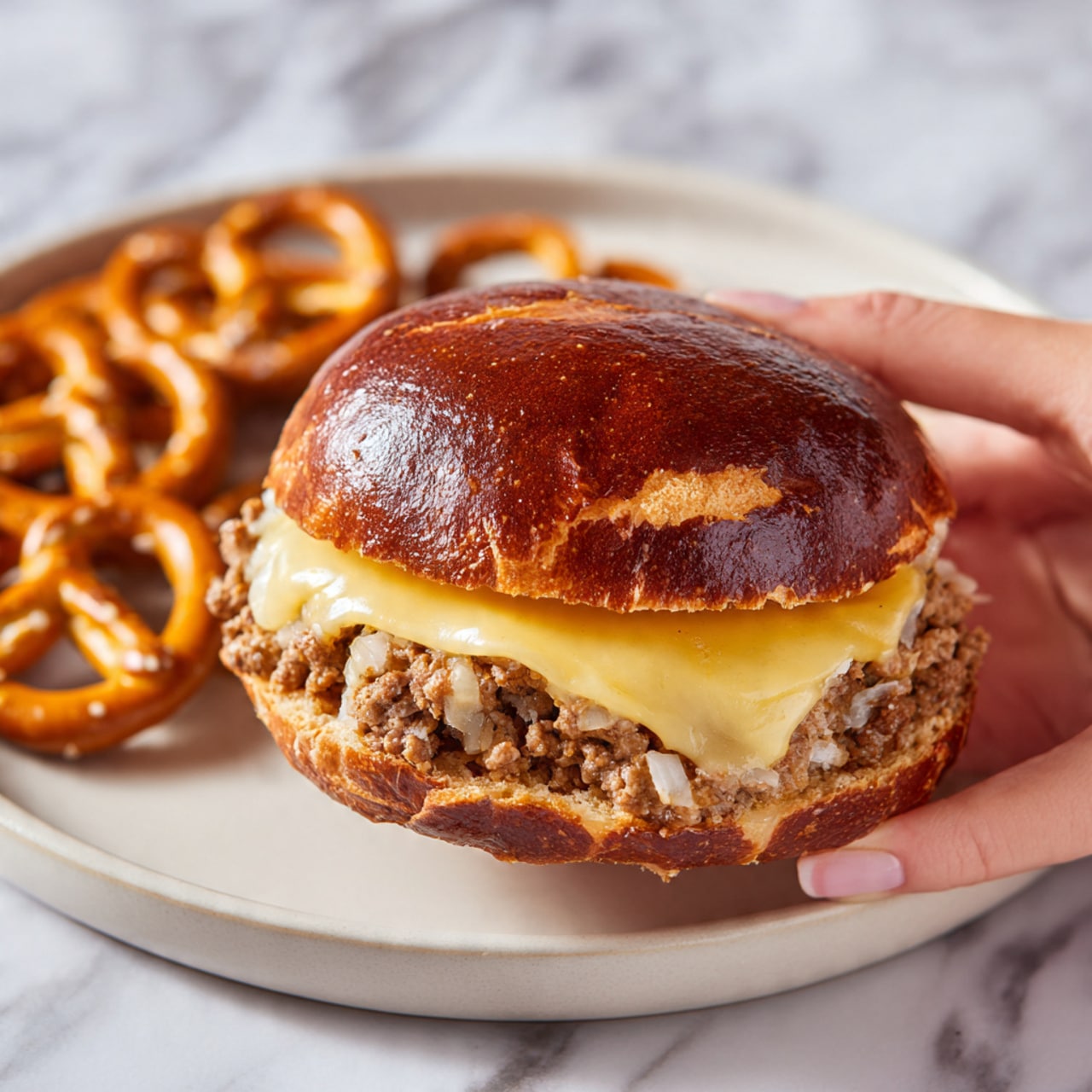 A sandwich is held by a woman's hand showing three main layers: a shiny, dark brown top bun with a soft texture; under it, a thick, creamy yellow layer of melted cheese; and below the cheese, a layer of cooked ground meat mixed with small bits of onions, rich and slightly juicy. The sandwich sits on a white plate with several small, golden pretzels scattered around it on a white marbled surface. Photo taken with an iphone --ar 4:5 --v 7