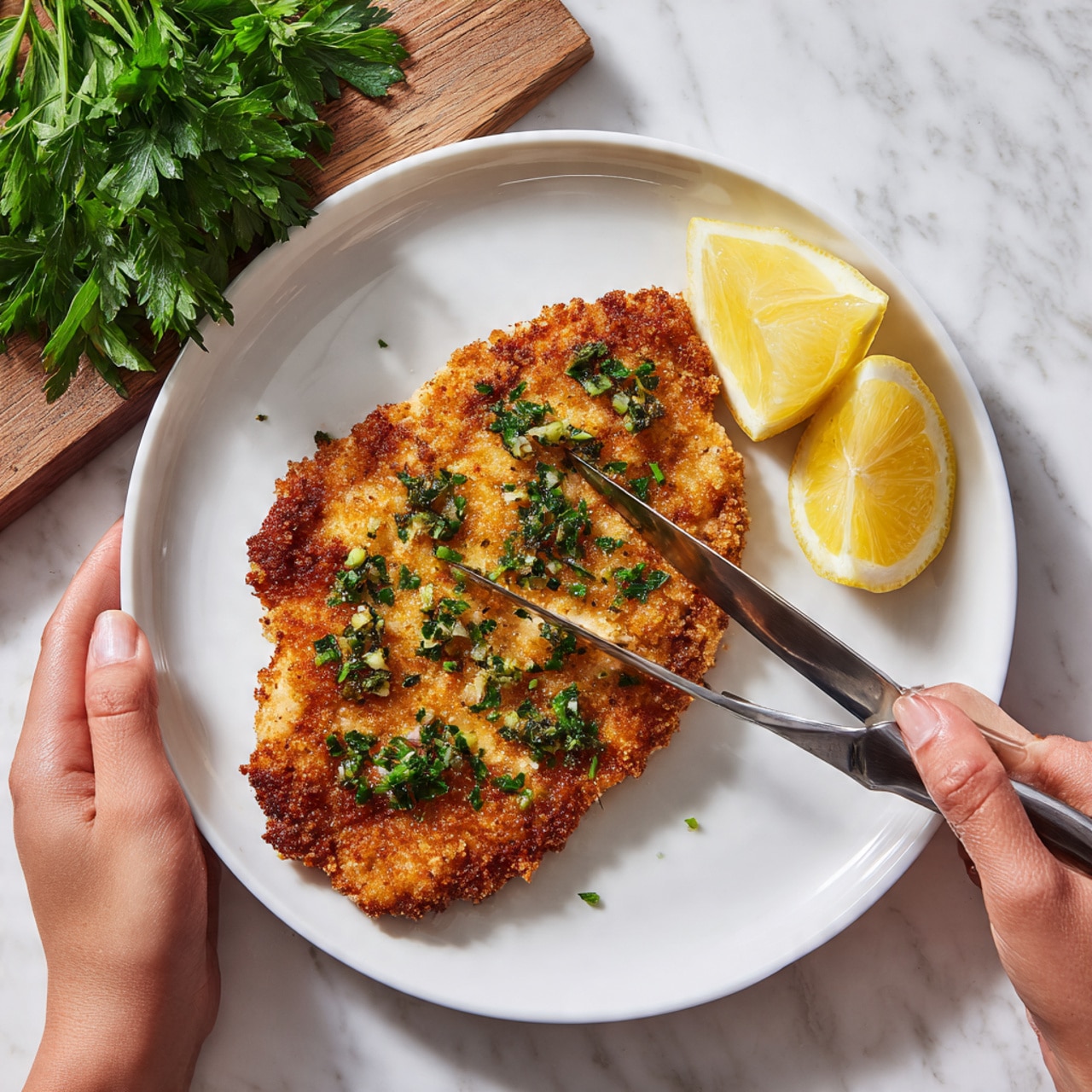 A white plate holds a single large piece of golden-brown breaded chicken topped with small green herb pieces. To the top left of the chicken, there is a bunch of fresh green parsley. To the top right, two bright yellow lemon wedges rest on the plate. A silver fork and knife are cutting into the chicken, held by a woman's hand visible from the bottom left corner. The plate sits on a white marbled surface with a hint of wooden texture underneath. photo taken with an iphone --ar 4:5 --v 7