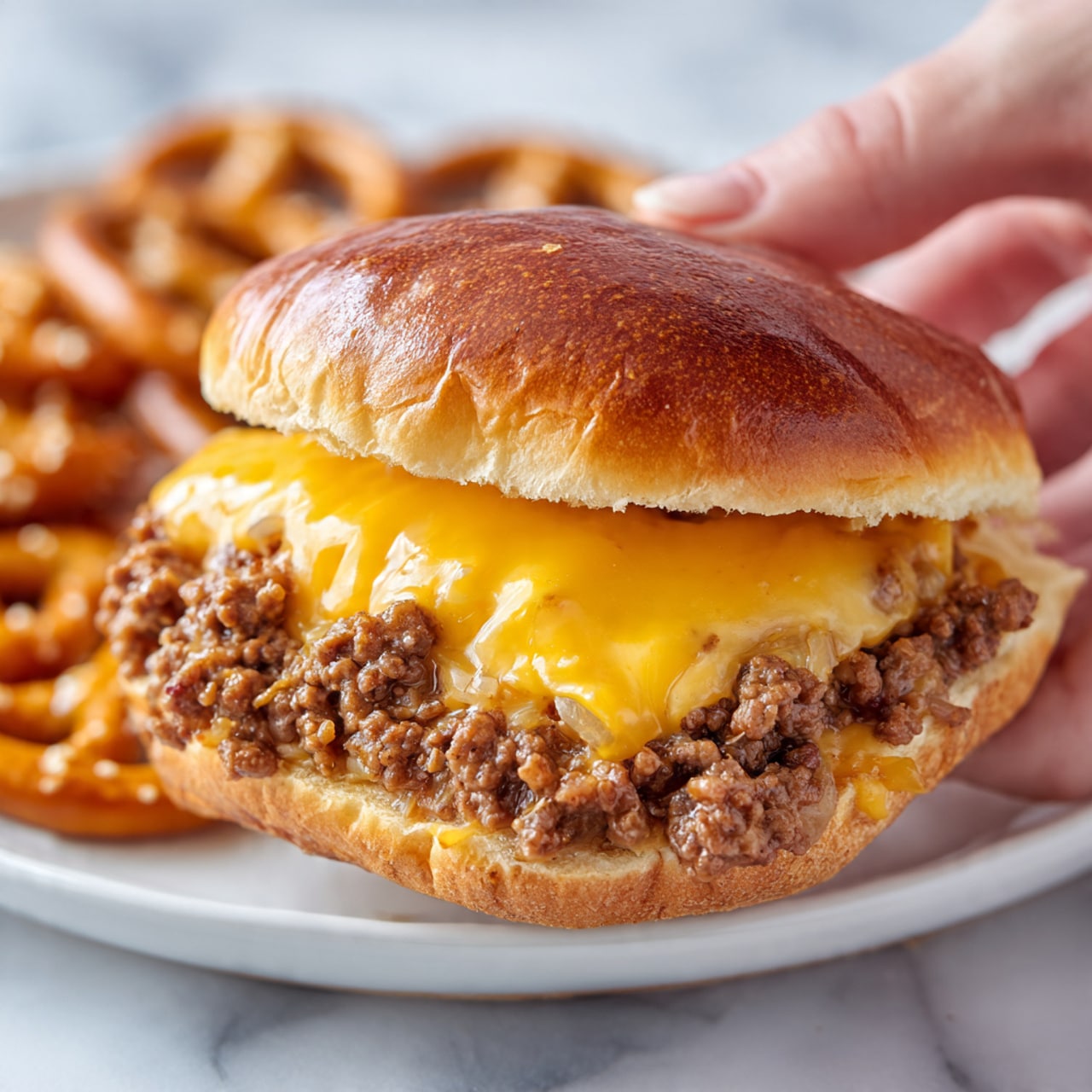 A close-up image of a sandwich held by a woman's hand, showing a shiny, browned bun with a soft texture and slight wrinkles on the top layer. Inside, there is a thick layer of melted yellow cheese that flows slightly over the edges, sitting on a generous portion of cooked ground meat mixed with small bits of sautéed onions, all packed inside the bottom half of the bun. The sandwich rests on a white plate with several golden-brown, twisted pretzels scattered around it. The setting features a white marbled surface in the background. Photo taken with an iphone --ar 4:5 --v 7