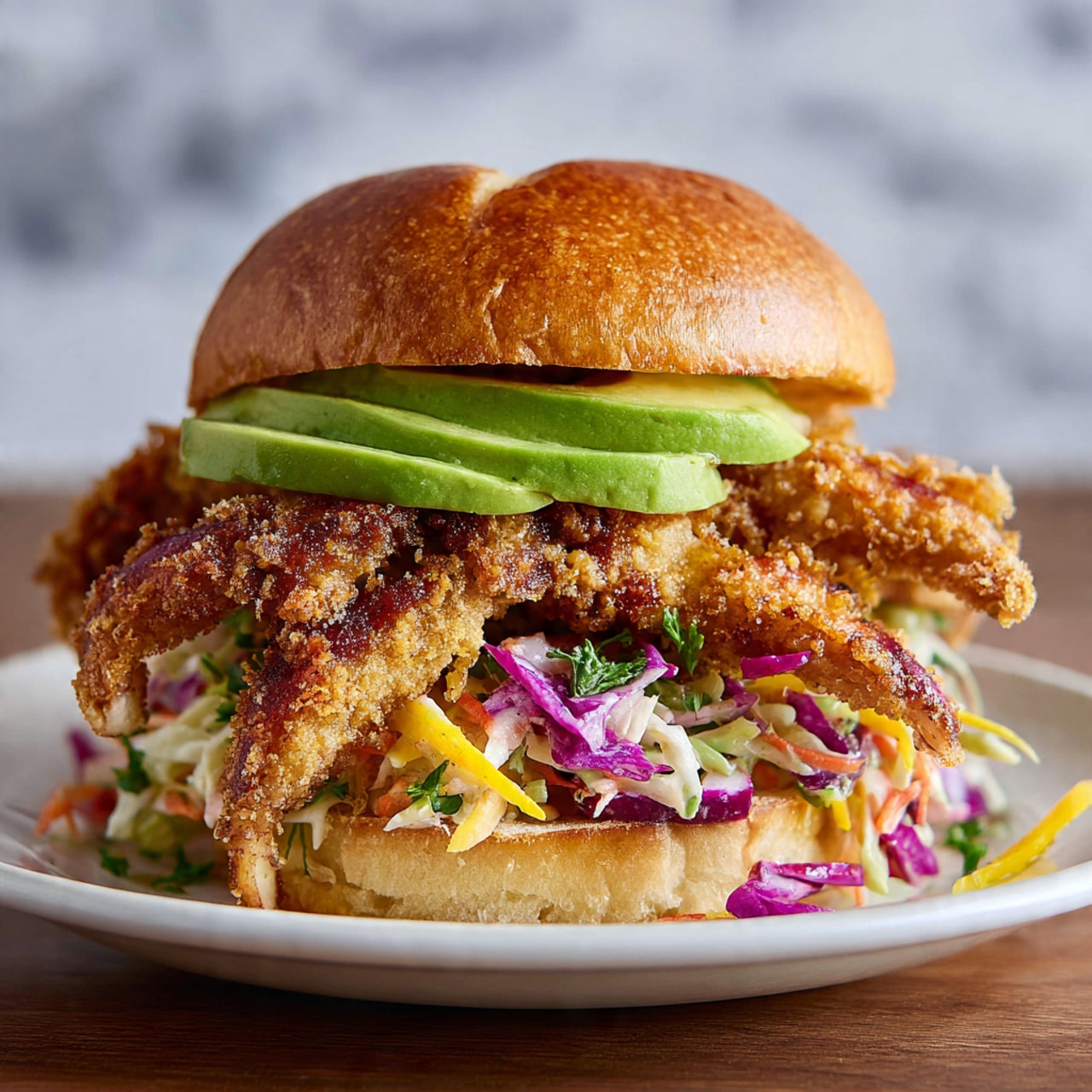 The image shows a sandwich with a golden brown top bun as the first layer, followed by bright green slices of avocado neatly arranged underneath. The main highlight is the soft shell crab with its crispy, textured, brown crust spreading out around the sides of the sandwich. Beneath the crab is a colorful mix of coleslaw with purple, yellow, and white shredded vegetables along with green herbs. The base bun looks lightly toasted and golden. This sandwich sits on a small white plate, placed on a wooden surface, with a white marbled texture in the background. photo taken with an iphone --ar 4:5 --v 7
