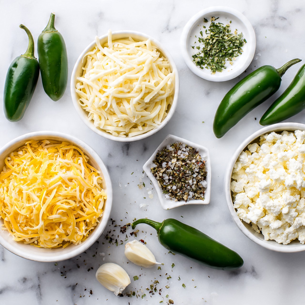 The image shows a top view of several small white bowls on a white marbled surface. One bowl has shredded bright yellow cheese, another has white creamy cheese, and a third bowl has a crumbly white cheese. Scattered around are seven green jalapeño peppers with smooth, shiny skin. A small white dish holds a mix of seasoning including white granules, black pepper, chopped green herbs, and minced garlic. The overall look is clean and organized, with the colors of the cheese and peppers standing out against the white bowls and marbled surface. photo taken with an iphone --ar 4:5 --v 7