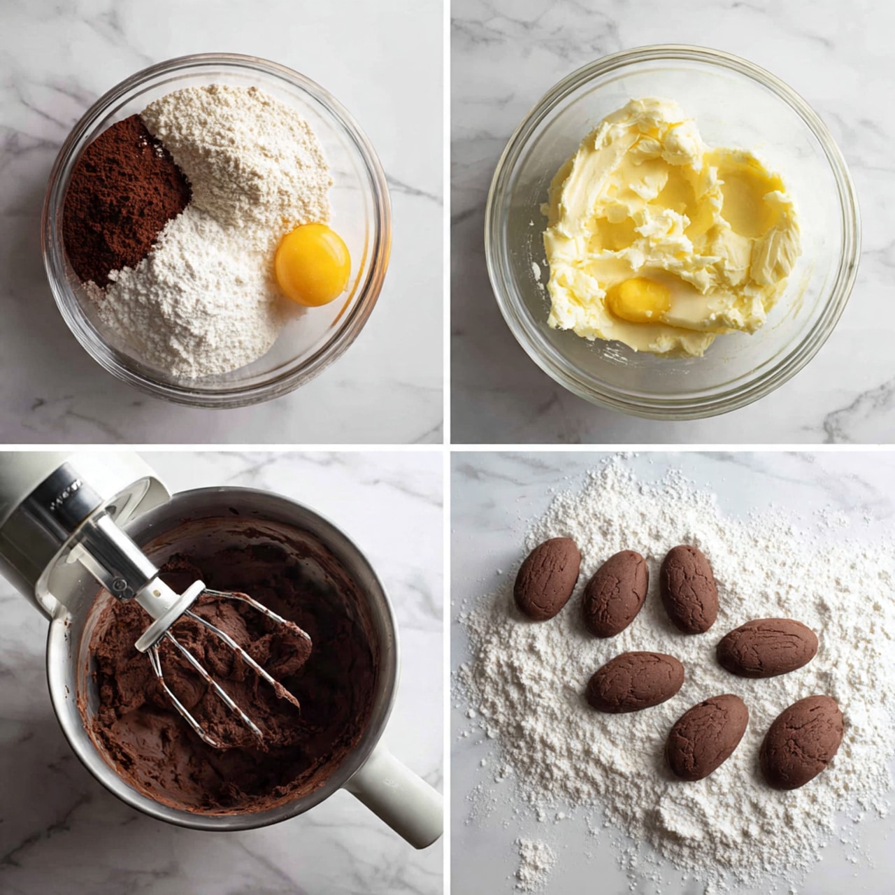 The image shows four steps of making chocolate dough on a white marbled surface. In the first step, a glass bowl holds a dry mix of cocoa powder and flour in dark brown and off-white powder colors, with bowls of eggs and butter nearby. In the second step, a glass bowl contains creamy white butter mixed with an egg yolk and vanilla, with a silver electric mixer. The third step shows the same bowl now filled with thick, chocolate dough, dark brown and smooth, being mixed with the electric mixer. The fourth step features the chocolate dough rolled out flat on a floured white marbled surface, with several oval-shaped cookie dough pieces cut out using a metal cutter. Photo taken with an iphone --ar 4:5 --v 7