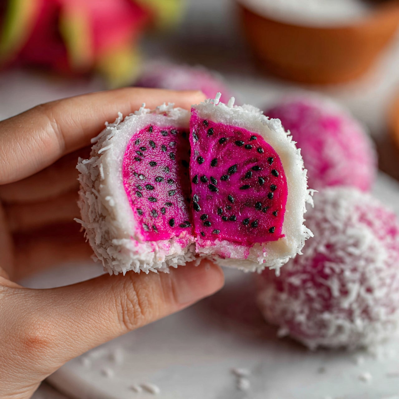 A close-up image shows a woman's hand holding a piece of pink mochi that is broken open, revealing the inside filled with bright pink dragon fruit pieces with small black seeds. The outside layer is soft and coated with white shredded coconut. The background is a white marbled surface with blurred warm tones and objects, emphasizing the bright colors and texture of the mochi and fruit inside. Photo taken with an iphone --ar 4:5 --v 7