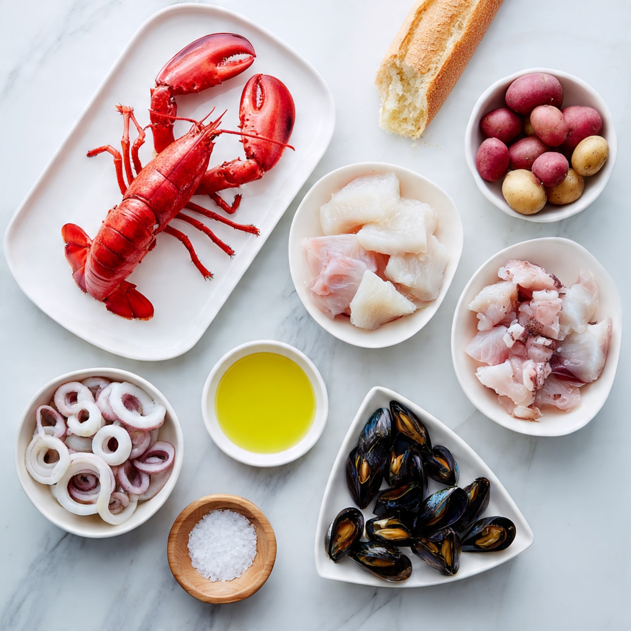 The image shows various seafood and cooking ingredients arranged neatly on a white marbled surface. In the top left, a white plate holds a bright red lobster with its claws and legs visible. Below it, a small white bowl is filled with small red potatoes. To the right, several white bowls contain different types of cut fish pieces, each showing pale pink and white flesh with some darker veins. In the center, a small white plate has small whole squid and squid rings with a pale purple and white color. In the bottom right, a white triangular plate holds dark black mussels, next to a small white bowl of bright yellow olive oil. At the top right, a torn piece of baguette rests on the surface. A small round wooden bowl of coarse white salt sits near the potatoes. The scene is bright and clean, with a focus on the fresh raw ingredients, photo taken with an iphone --ar 4:5 --v 7