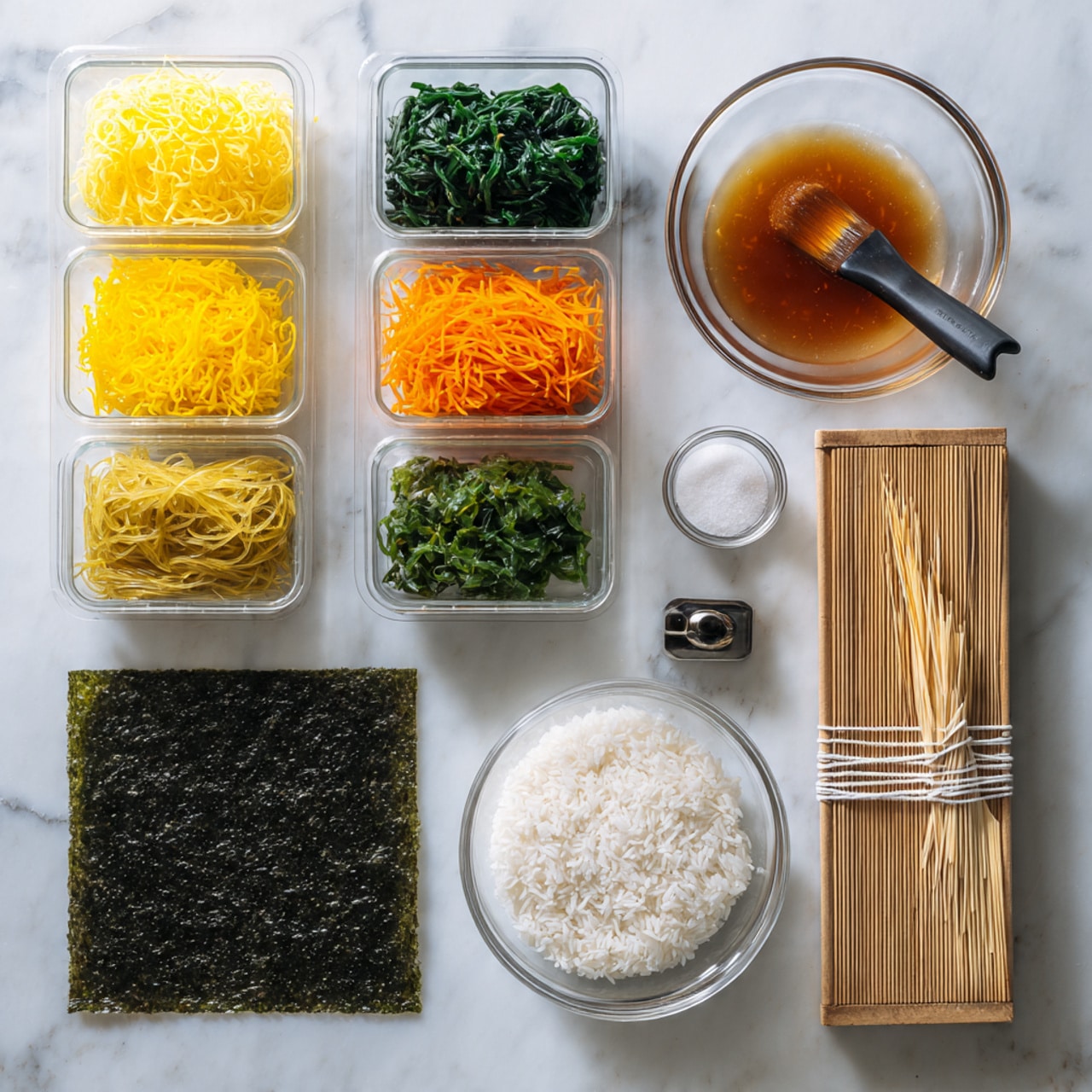 The image shows an arrangement for making sushi rolls on a white marbled surface. There is a clear rectangular container at the top left divided into four neat rows: shredded yellow egg strips, finely chopped dark green spinach, long yellow strips of pickled radish, and shredded orange carrot. To the right, there is a small clear bowl with a dark amber sauce, a small clear bowl with white salt, a brush with a black handle, and a larger clear bowl filled with white sticky rice. Below these items, there is a square sheet of dark green seaweed and to the right, a bamboo sushi rolling mat with white strings. The setup is organized and clean, with each item well spaced from each other. photo taken with an iphone --ar 4:5 --v 7