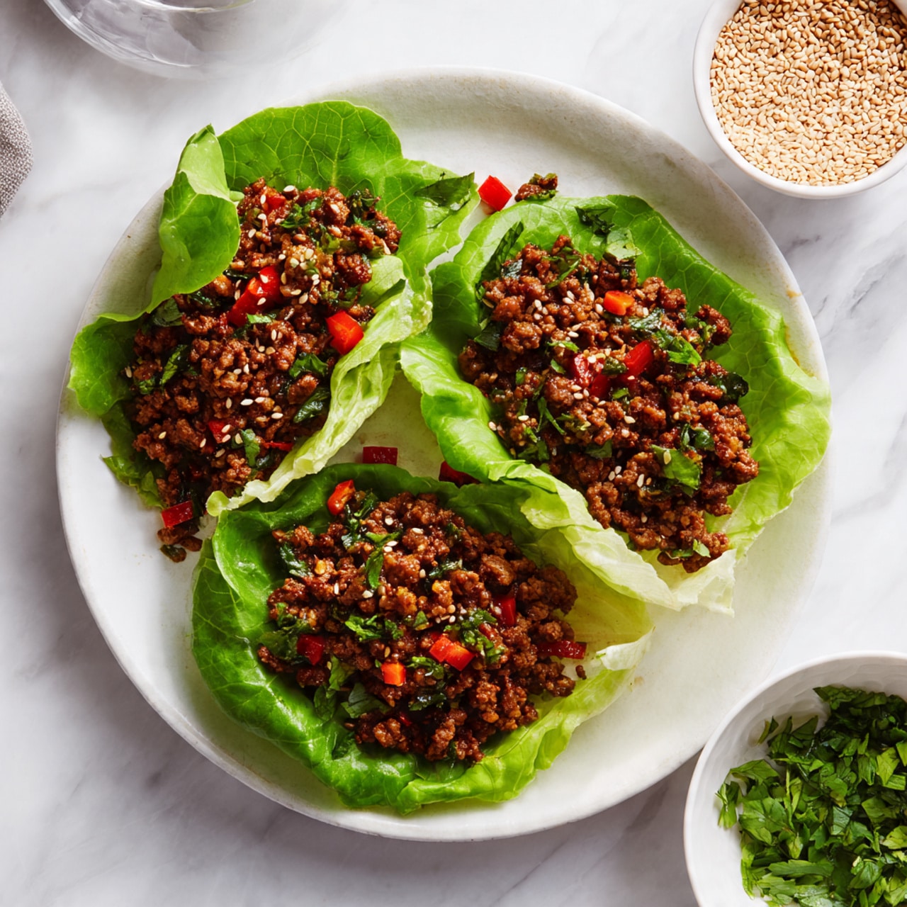 The image shows a round white plate on a white marbled surface holding three green lettuce leaves filled with a mix of cooked ground meat and diced red peppers. Each lettuce leaf is packed with this dark brown and red mixture. Around the plate, there is a small white bowl filled with sesame seeds to the right and another small white bowl with chopped green herbs beneath it. The whole scene looks fresh and colorful, with the lettuce bright green and the meat mix rich in brown and red tones. Photo taken with an iphone --ar 4:5 --v 7