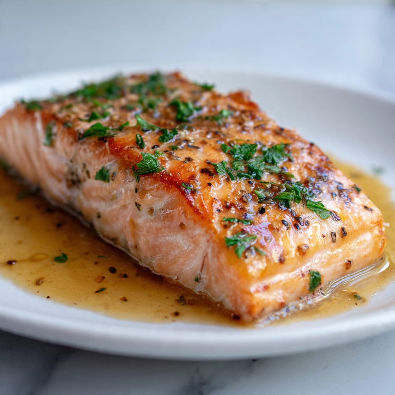 A close-up view of a cooked salmon fillet placed on a white plate, showing three main layers: the top layer is golden brown with a light glaze and specks of black pepper and green parsley bits, the middle layer reveals the salmon’s soft pink flesh with clear flaky texture, and the bottom layer sits in a shiny light brown sauce glaze. The plate rests on a white marbled surface. Photo taken with an iphone --ar 4:5 --v 7