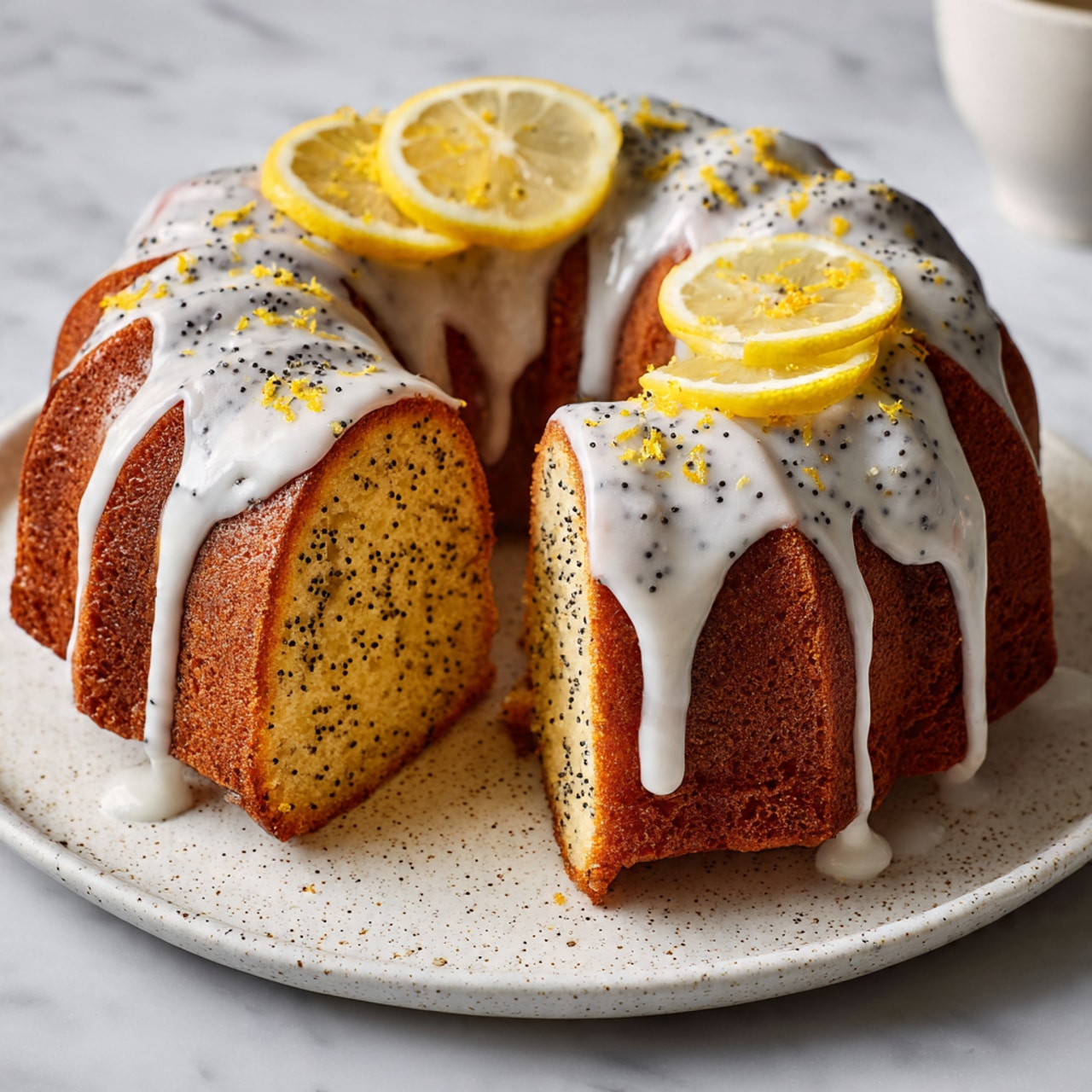 The image shows a round lemon poppy seed cake with one slice removed, revealing a soft, yellow inside dotted with black poppy seeds. The cake's outer layer is golden brown and textured. A thick, white glaze drips down the top and sides in several thick streams, with black poppy seeds sprinkled on the glaze. Two thin lemon slices are placed on top of the cake, and some lemon zest is sprinkled on the glaze. The cake sits on a white plate with a subtle speckled pattern, all set on a white marbled surface. Photo taken with an iphone --ar 4:5 --v 7