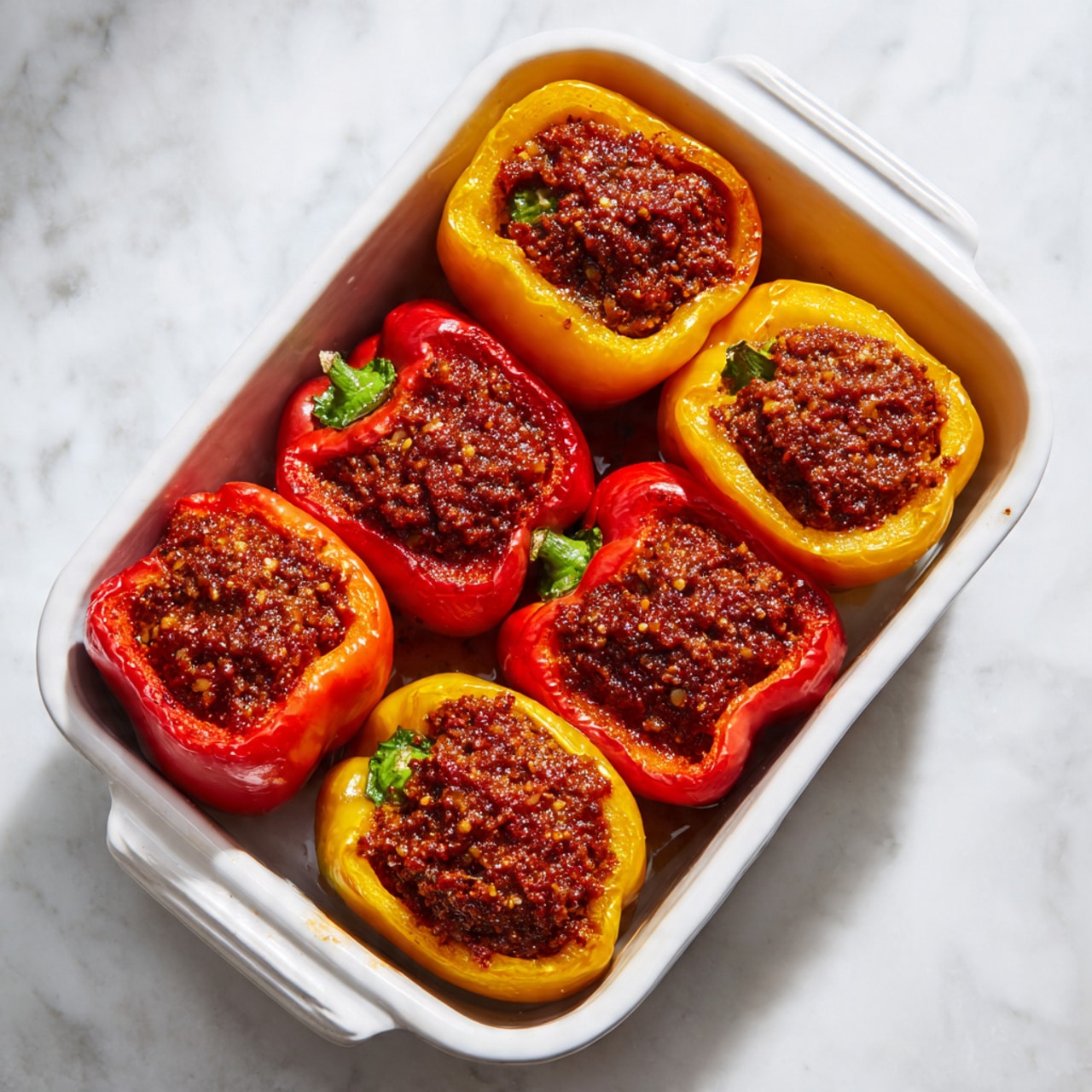 A white rectangular dish holds six stuffed bell pepper halves arranged in two rows of three, with the tops removed and filled with a thick, dark reddish-brown meat mixture. The peppers are a mix of red and yellow colors, each showing a shiny, smooth outer skin and the inside filled evenly with the filling. The dish is set on a white marbled surface, highlighting the vibrant colors of the peppers and the rich texture of the filling inside. photo taken with an iphone --ar 4:5 --v 7