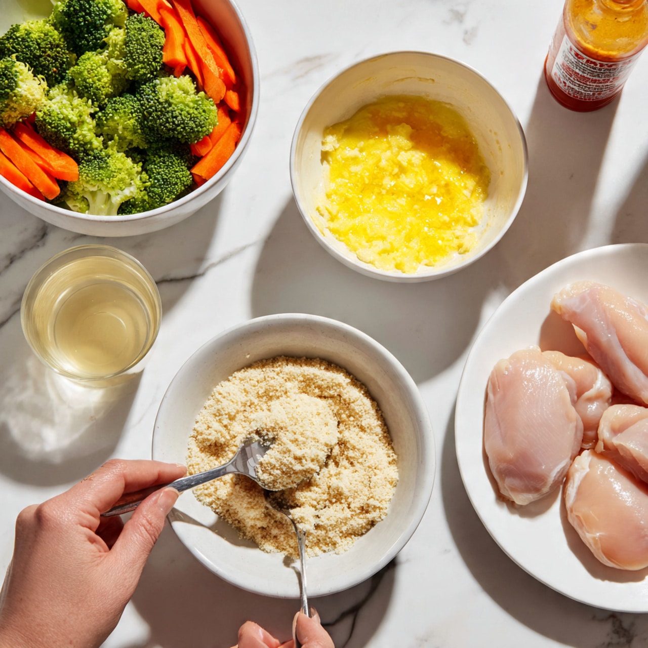 The image shows a white marbled surface with several white bowls and a white plate arranged neatly. On the top left is a white bowl filled with bright green broccoli florets and orange carrot slices. Beside it is a white bowl with a beaten yellow egg mixture. Next to that, a white bowl holds a large amount of light beige breadcrumbs with a smooth texture. Below, a white plate contains several pieces of raw pale pink chicken meat, with a smooth and moist surface. A woman's hand is holding a metal fork, dipping into the bowl with the yellow egg mixture. In the background, there is a bottle of sauce with red and white labeling and a clear glass filled with a light yellow liquid. Photo taken with an iphone --ar 4:5 --v 7