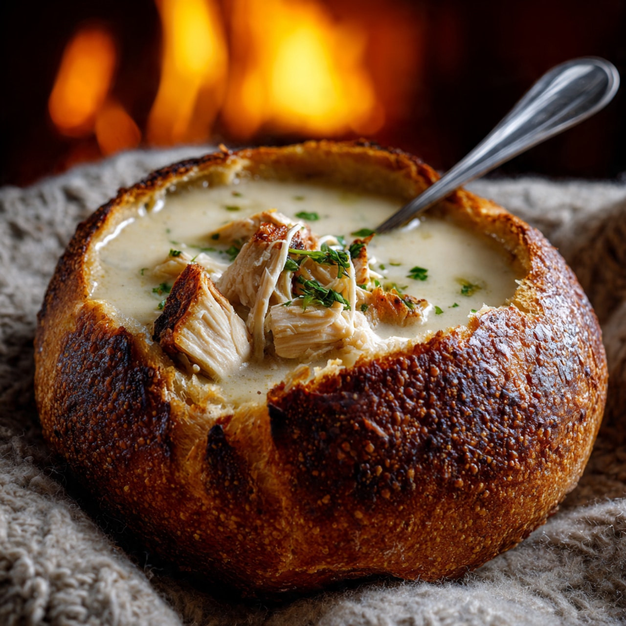 A round bread bowl with a thick, crusty, brown outer layer holds creamy chicken soup inside. The soup is pale and smooth with chunks of light brown chicken and small green herbs sprinkled on top. A silver spoon is placed in the soup, leaning out of the bread bowl. The bread bowl sits on a soft, knitted beige blanket with a warm, glowing fire in the blurry background. The photo has a cozy and warm feeling. Photo taken with an iphone --ar 4:5 --v 7
