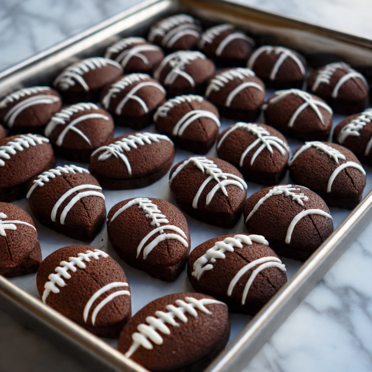 A metal tray filled with many small football-shaped cookies decorated with white icing in the pattern of football laces. The cookies are dark brown and arranged neatly in rows, each cookie having the same smooth texture and icing design. The tray sits on a white marbled surface, and the lighting highlights the contrast between the dark cookies and bright icing. photo taken with an iphone --ar 4:5 --v 7