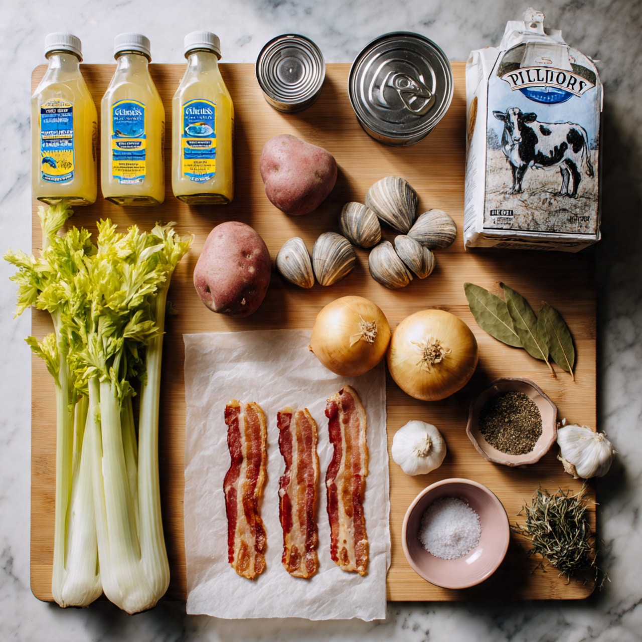 A neatly arranged collection of cooking ingredients is placed on a wooden table with a white marbled background. On the left side, there are two bottles of clam juice with blue and yellow labels, next to two small red potatoes and one large yellow onion. Above them, there is a can of clams, a can with a silver lid, and a carton of heavy cream featuring a black and white cow illustration. In the middle at the back, a bag of Pillsbury all-purpose flour is standing upright. On the right side, three strips of uncooked bacon lie on parchment paper, next to a bay leaf, a small jar of dried thyme, a peeled garlic clove, a bowl of coarse salt with a pinkish rim, and a bowl filled with black pepper. At the front and center, there are three stalks of fresh celery with leafy tops. photo taken with an iphone --ar 4:5 --v 7