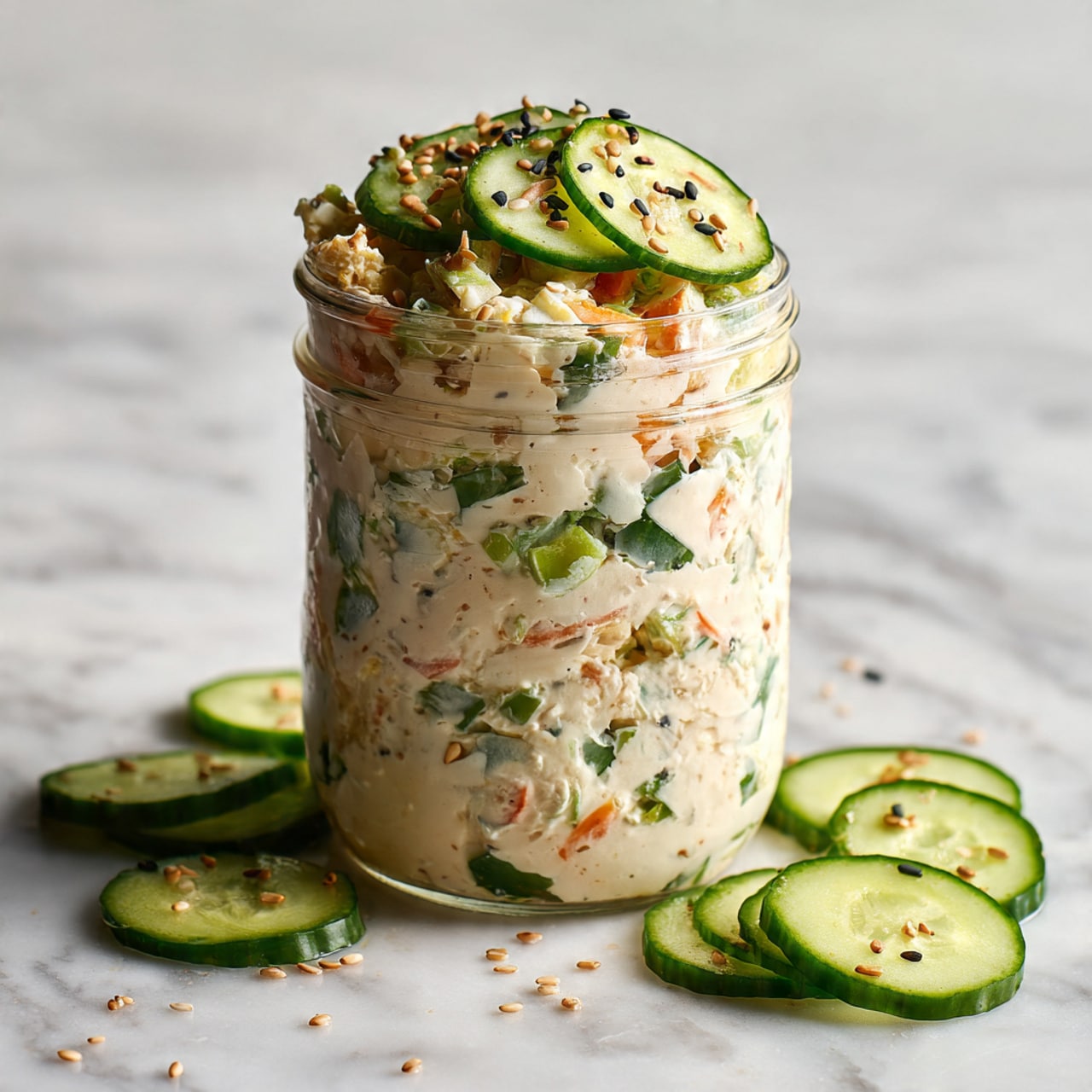 A clear glass jar filled with layers of a creamy white salad mixed with thin green cucumber slices and small pieces of orange carrot, all coated in a thick, rich dressing. The jar shows distinct layers with bright green cucumber adding a fresh color contrast against the creamy base, while the salad is topped with more cucumber slices and sprinkled with black and white sesame seeds. Surrounding the jar on the white marbled surface are additional thin cucumber slices scattered around, enhancing the fresh and light feel of the dish. photo taken with an iphone --ar 4:5 --v 7