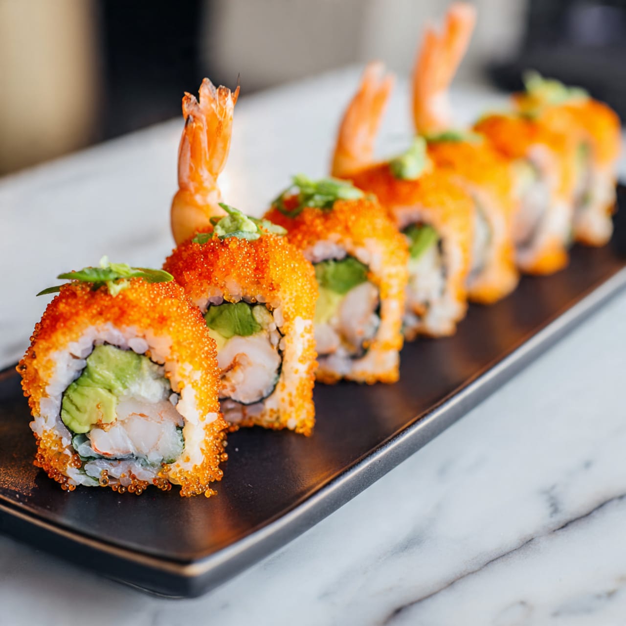 A row of six sushi rolls lined up on a black rectangular plate, each roll covered with bright orange fish eggs on the outside. Inside the rolls, there are white rice layers surrounding a filling of green avocado and light pink shrimp. Two large shrimp tails stand upright behind the rolls, adding height and texture. A small green garnish is placed at the back of the plate near the shrimp tails. The plate rests on a white marbled surface. photo taken with an iphone --ar 4:5 --v 7